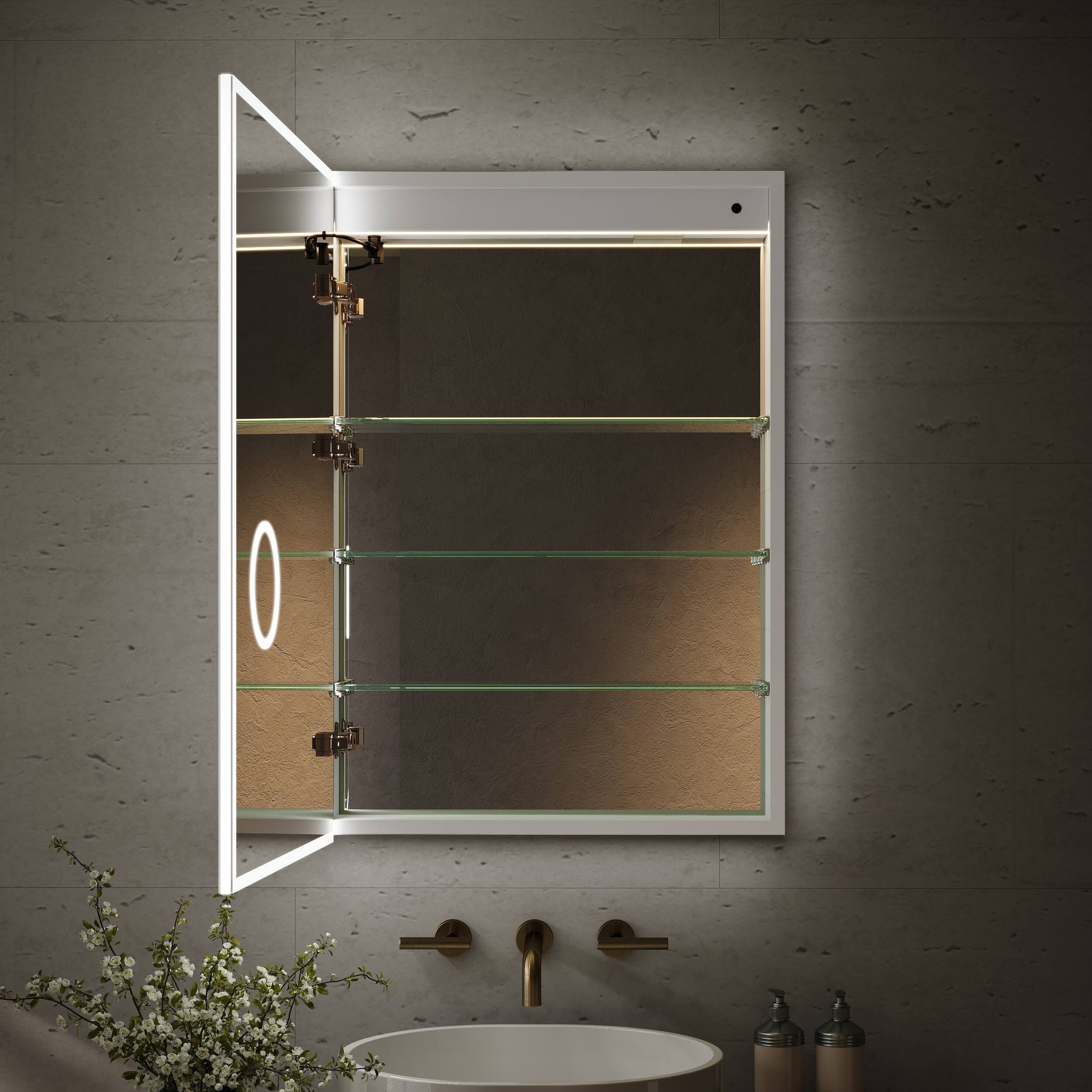 Back. WELLFOR - 24 in. W x 36 in. H Rectangular Recessed/Surface Mount LED Medicine Cabinet with Mirror, 3x Magnifier, USB, Type C, Left - Silver.