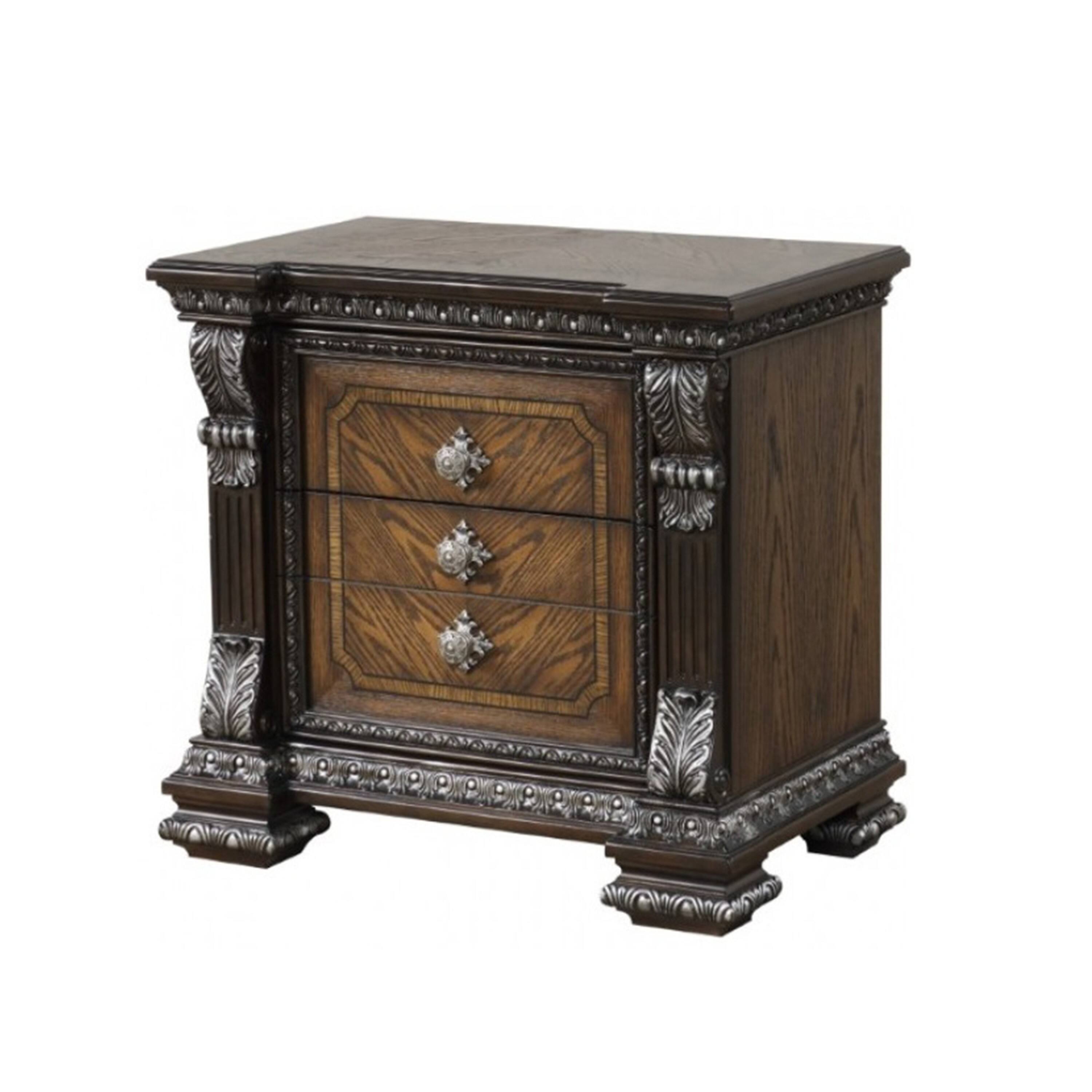 Front. Manhattan Lane - Naddy Nightstand, Hidden Drawer USB A-C, 30 Inch - Espresso Brown, Silver.