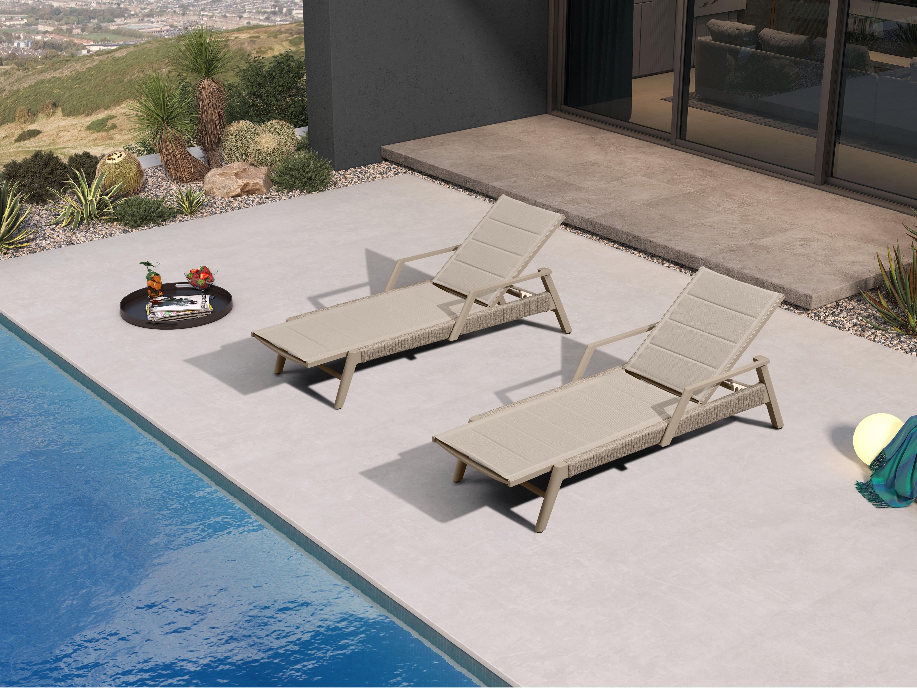 Front. PURPLE LEAF - Outdoor Chaise Lounge 2 Pieces Patio Recliner Sunbathing Tanning Chair for Poolside Balcony with Armrests Backyard - Beight & With Armrest-Texilene.