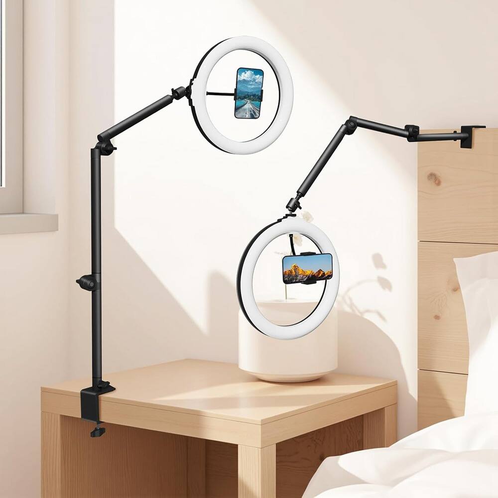 PARKER SLATER - 12" desk ring light with overhead camera mount, RGB LED, phone holder, perfect for streaming and content creation.