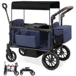 Wisairt - 2-Seater Wagon Stroller for Kids with Tray, Side Entry, Canopy, 5-Point Harness, Push & Pull Handles - Blue