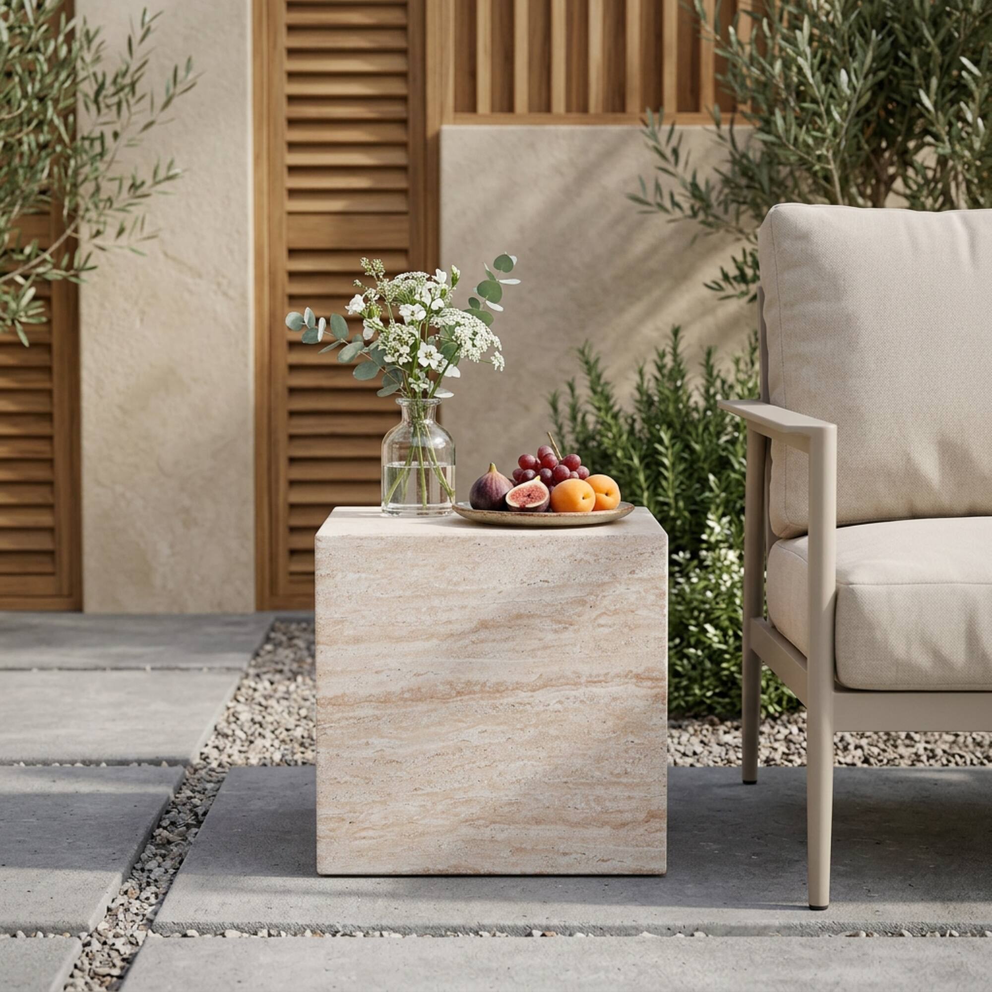 Angle. Whisen - Outdoor Square Travertine Lightweight Concrete Side Table for Patio and Backyard - Beige.