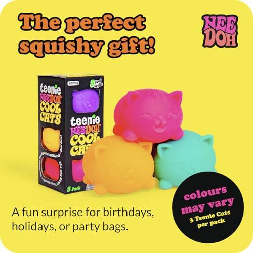 The perfect squishy gift!  
NEE DOH  
teenie NEEDON COOL CATS  
teenie NEEDON COOL CATS  
8 Pack  
colours may vary  
A fun surprise for birthdays, holidays, or party bags.  
3 Teenie Cats per pack