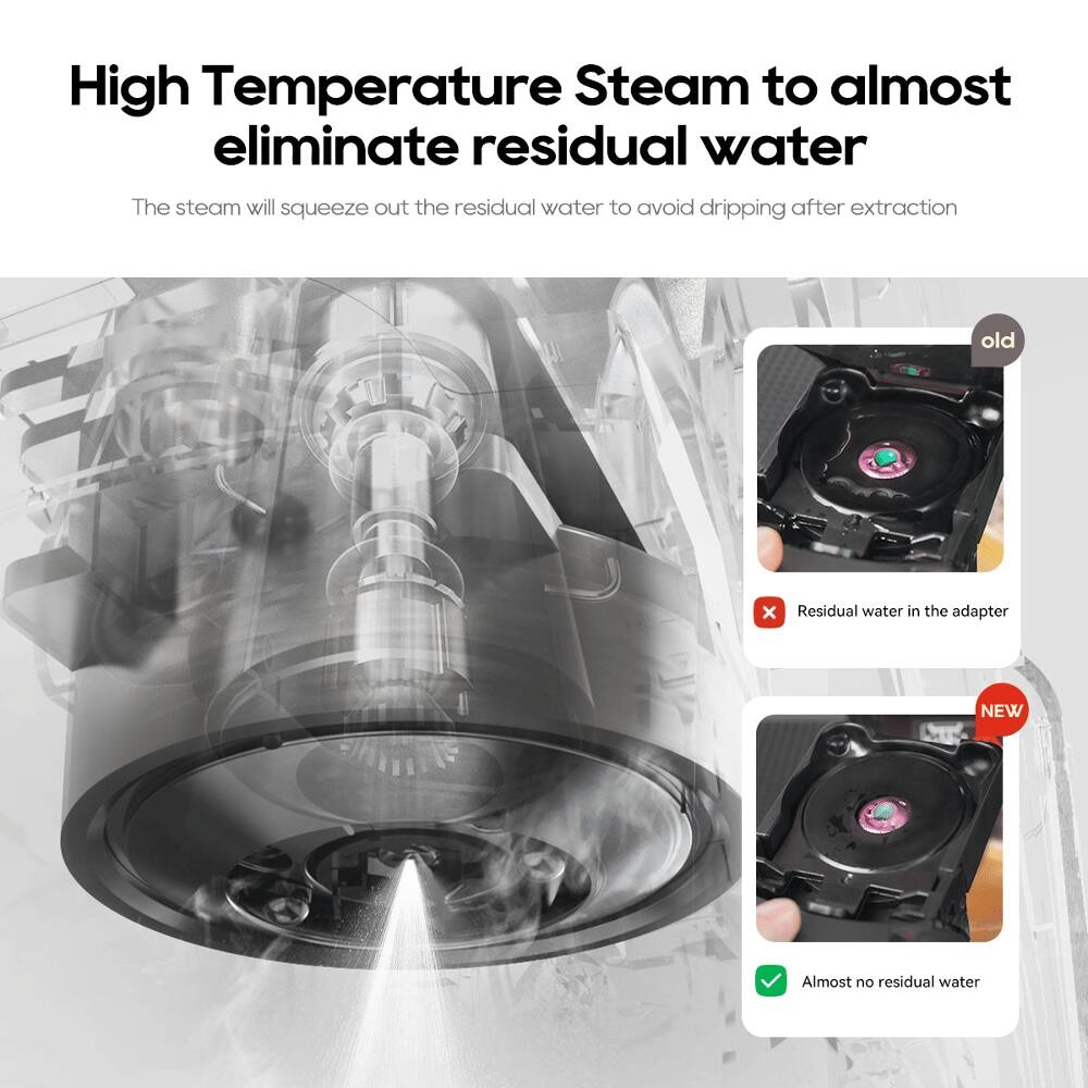 High Temperature Steam to almost eliminate residual water

The steam will squeeze out the residual water to avoid dripping after extraction

old
Residual water in the adapter

NEW
Almost no residual water
