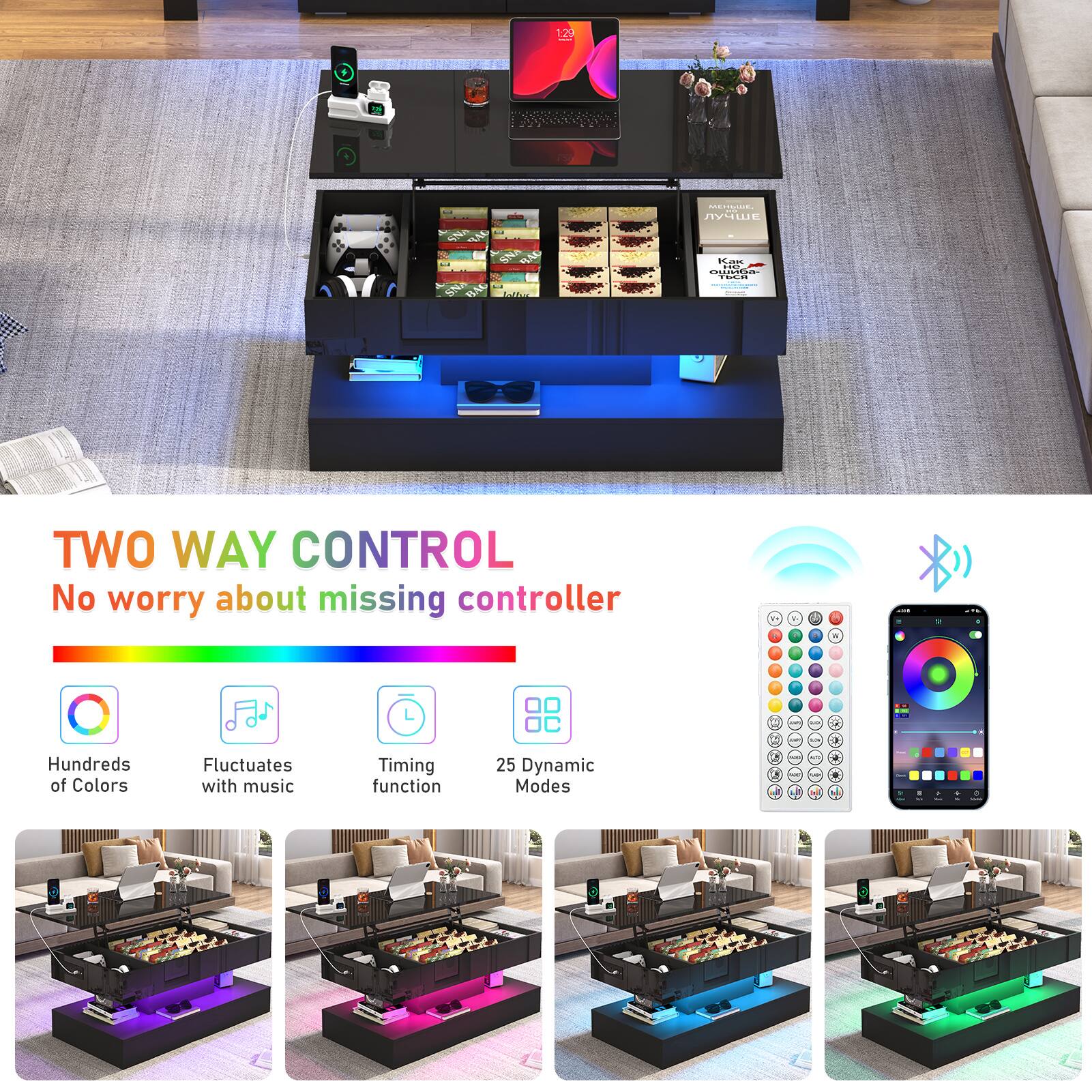120 1 2 GCOIE : E : O : NN  
TWO WAY CONTROL  
No worry about missing controller  

- Hundreds of Colors  
- Fluctuates with music  
- Timing function  
- 25 Dynamic Modes