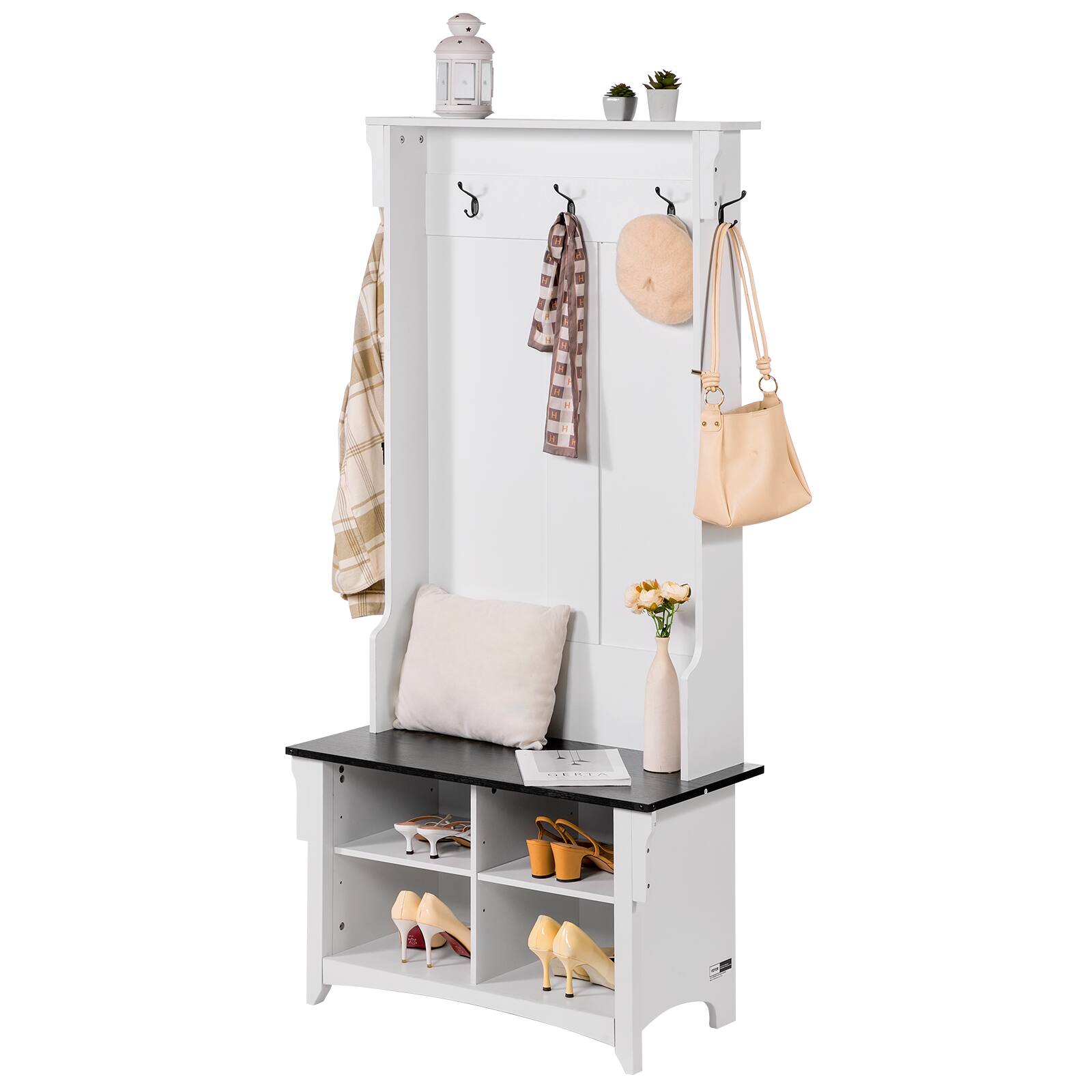 Alt View 5. VEVOR - Hall Tree Entryway Bench, Coat Rack with Shoe Storage, 32" Wide Mudroom bench with Storage and Seating - Body: White; Seat Board: Black.
