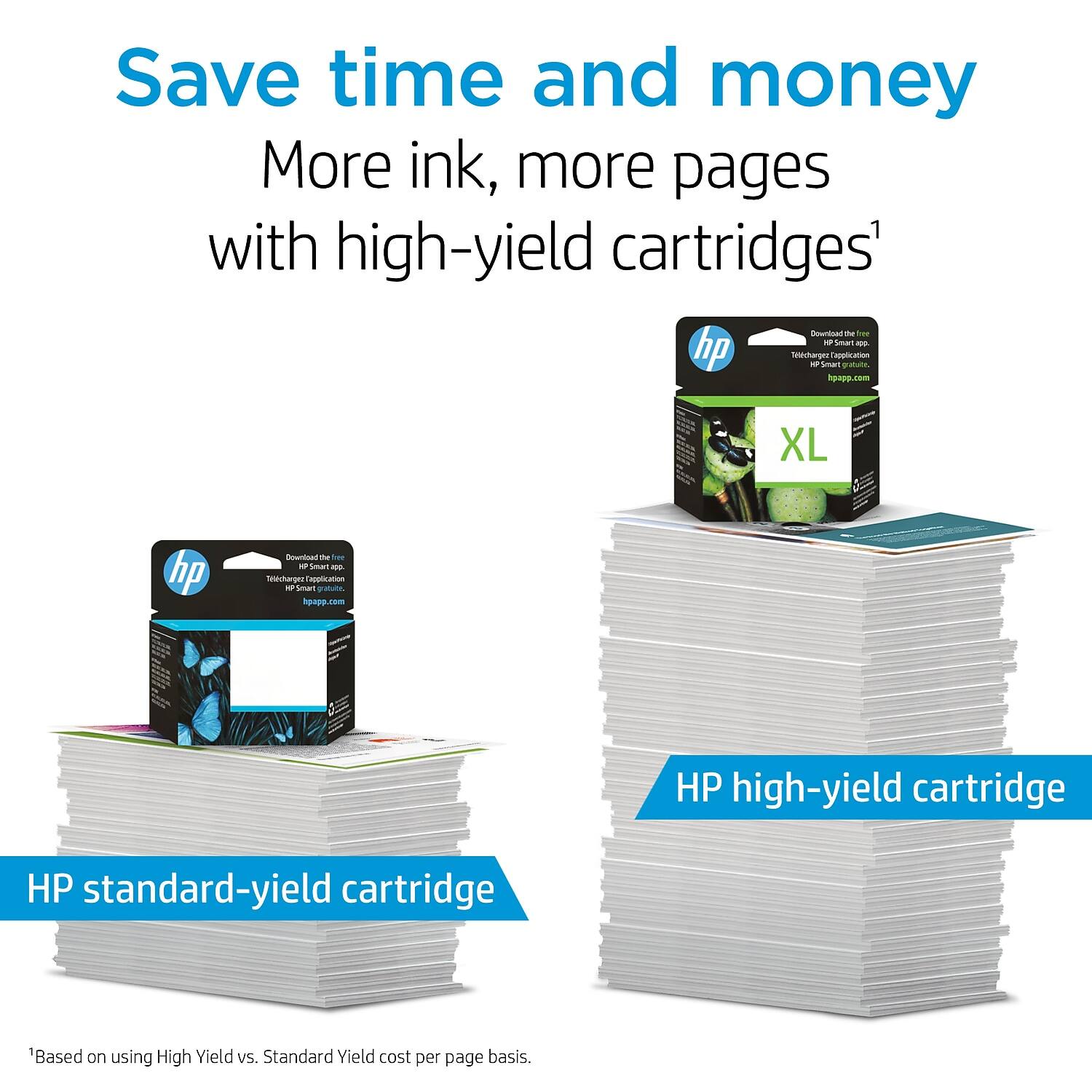 Save time and money  
More ink, more pages with high-yield cartridges¹  

HP standard-yield cartridge  
HP high-yield cartridge  

¹Based on using High Yield vs. Standard Yield cost per page basis.