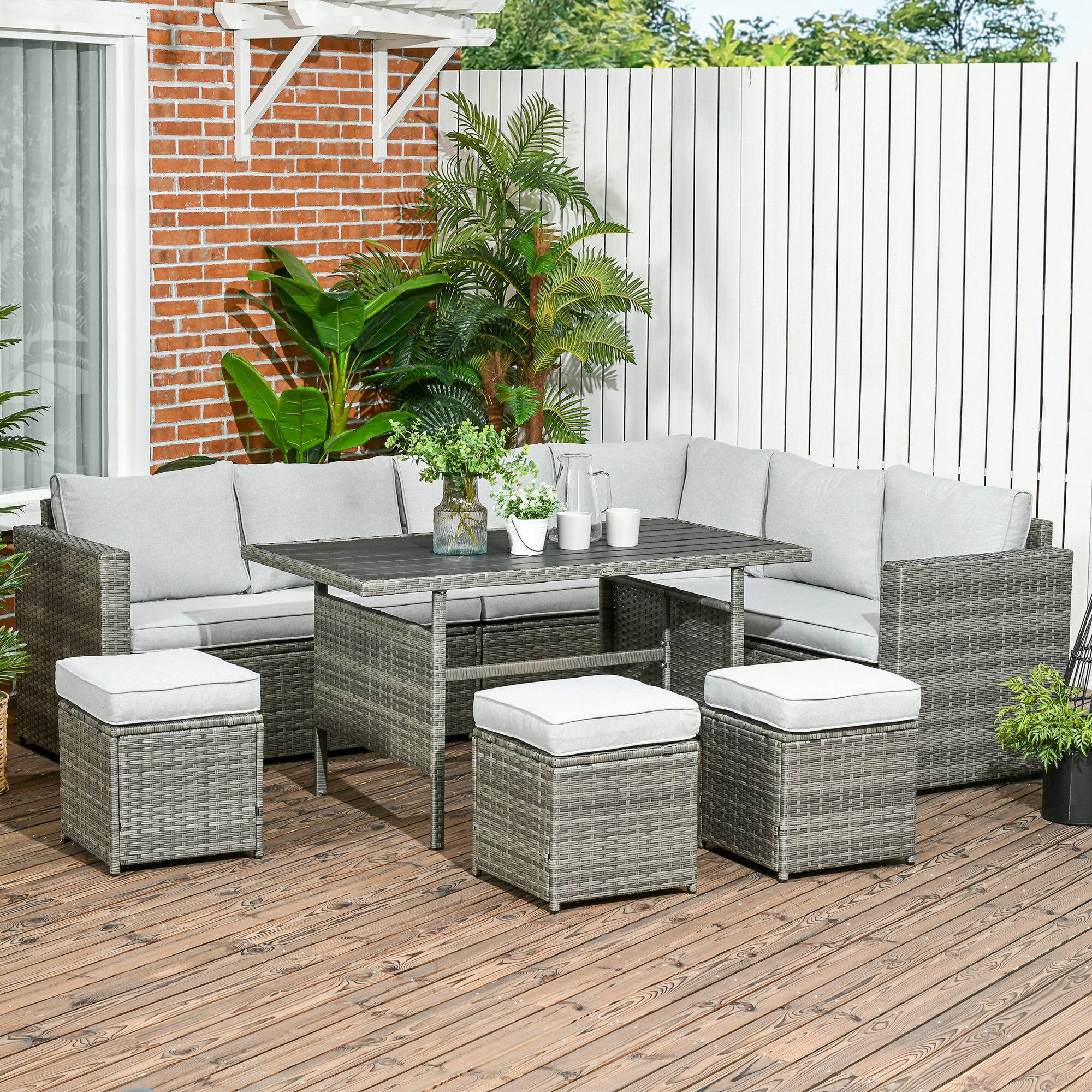 Alt View 1. Outsunny - Wicker Outdoor Patio Furniture Set, L-Shaped 7 Piece Outdoor Dining Sectional Sofa with Dining Table and Chair - Gray.