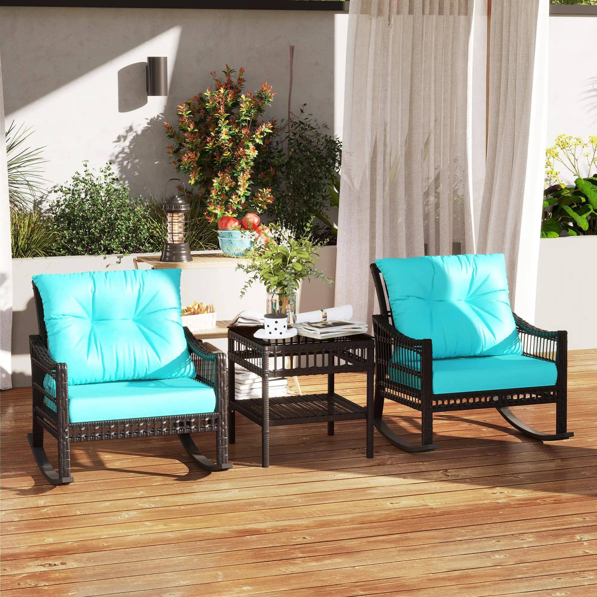 Back. Resenkos - Resenkos 3-Piece Patio Bistro Set,PE Rattan, Rocking Chair with Tempered Glass Table Top, Turquoise Green - Turquoise Green.