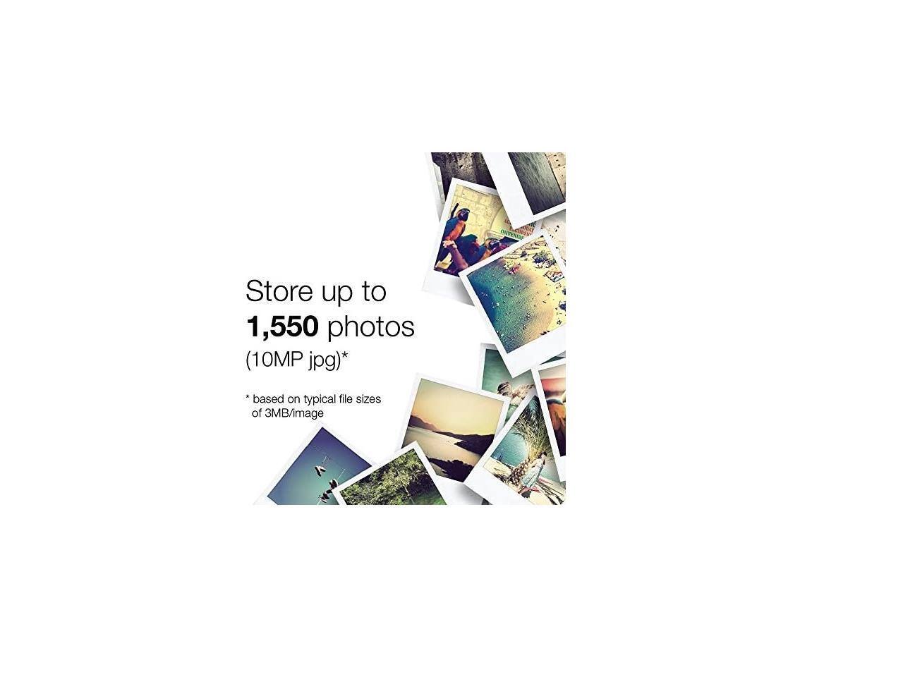 Store up to 1,550 photos (10MP jpg)* based on typical file sizes of 3MB/image