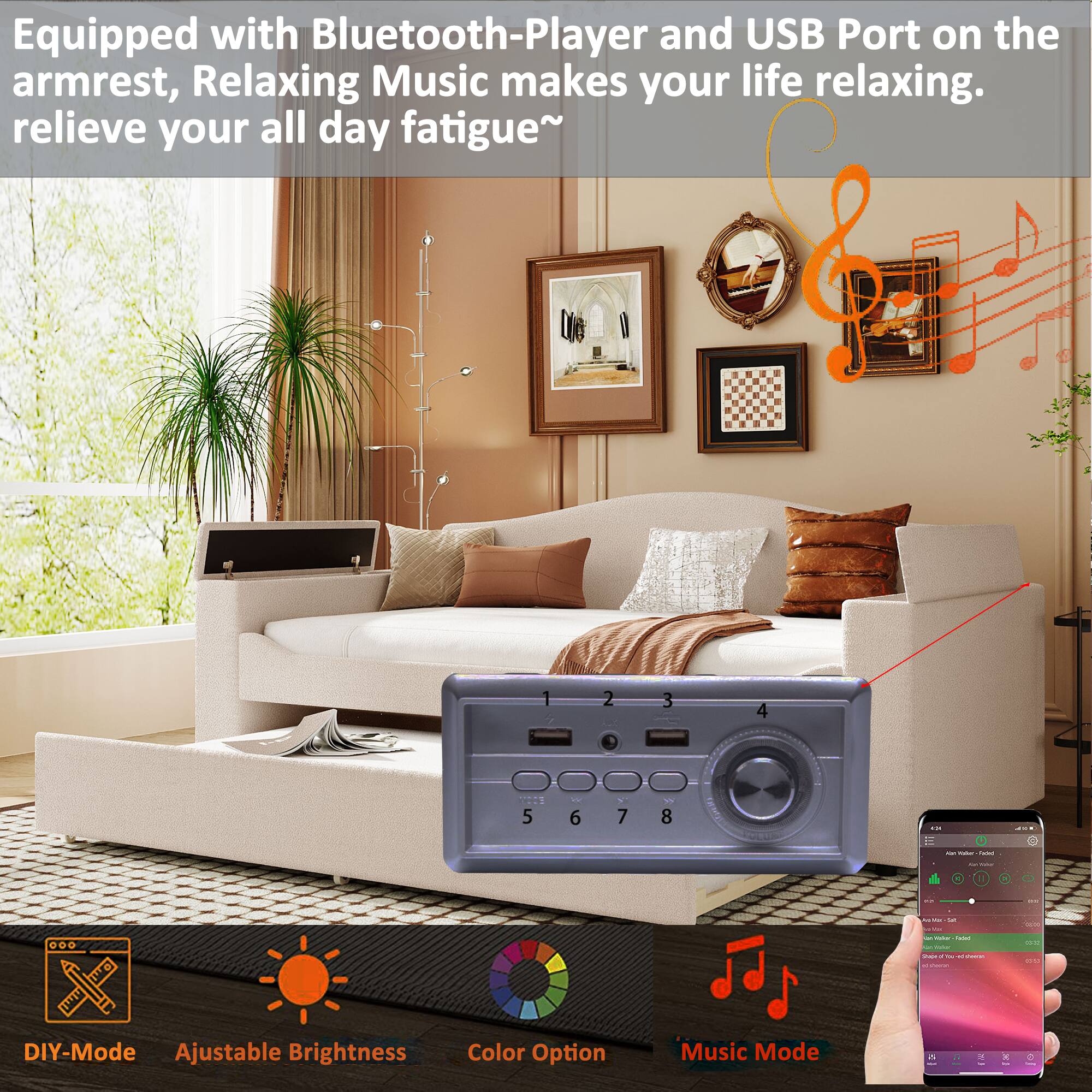Equipped with Bluetooth-Player and USB Port on the armrest, Relaxing Music makes your life relaxing. relieve your all day fatigue~

DIY-Mode  
Adjustable Brightness  
Color Option  
Music Mode