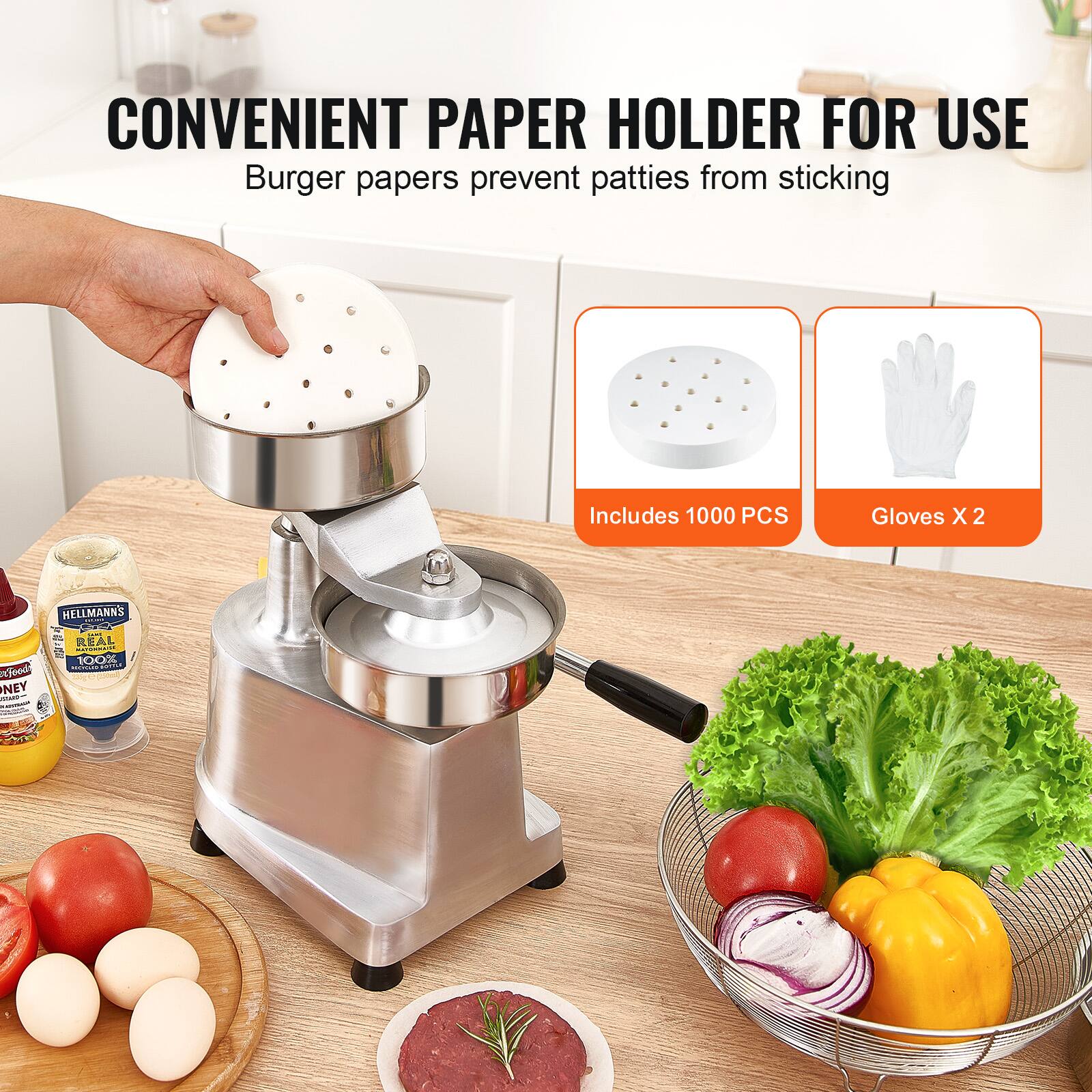 CONVENIENT PAPER HOLDER FOR USE  
Burger papers prevent patties from sticking  

Includes 1000 PCS  
Gloves X 2