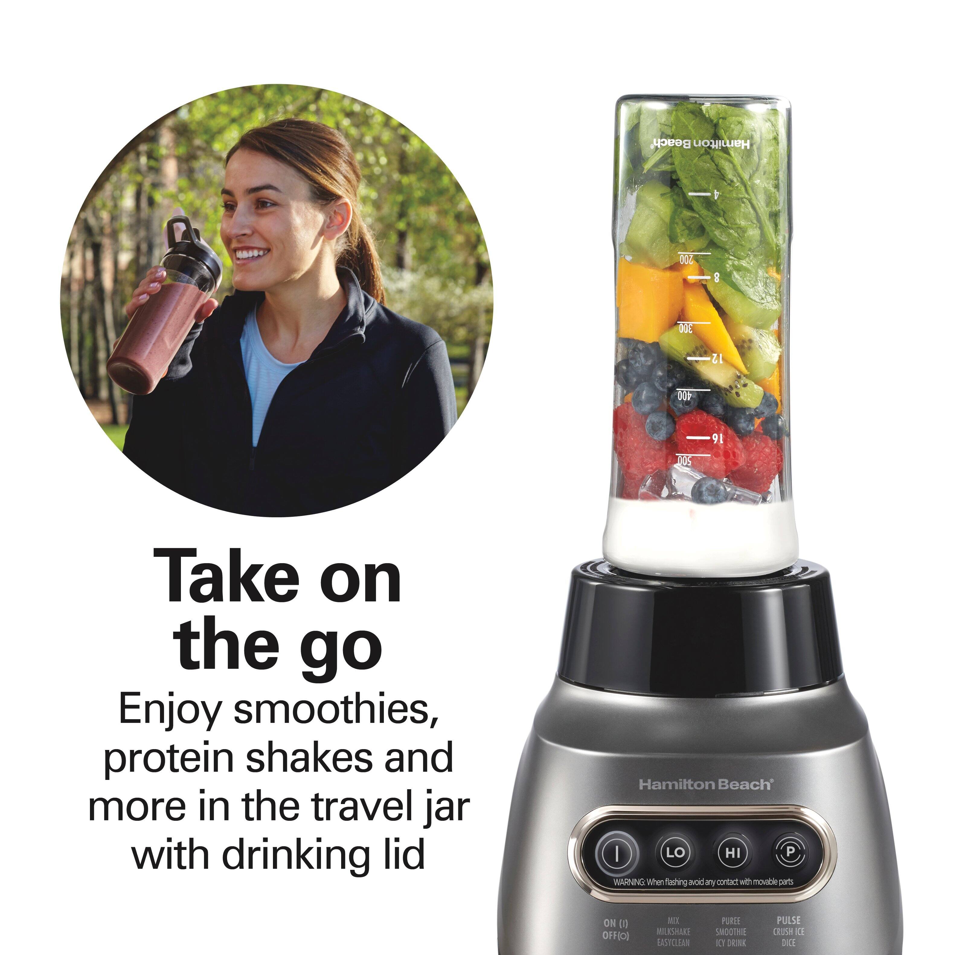 Take on the go

Enjoy smoothies, protein shakes and more in the travel jar with drinking lid

Hamilton Beach

WARNING: When flashing avoid any contact with mobile parts

ON/OFF
MIX
PUREE
PULSE
CRUSH ICE
DICE