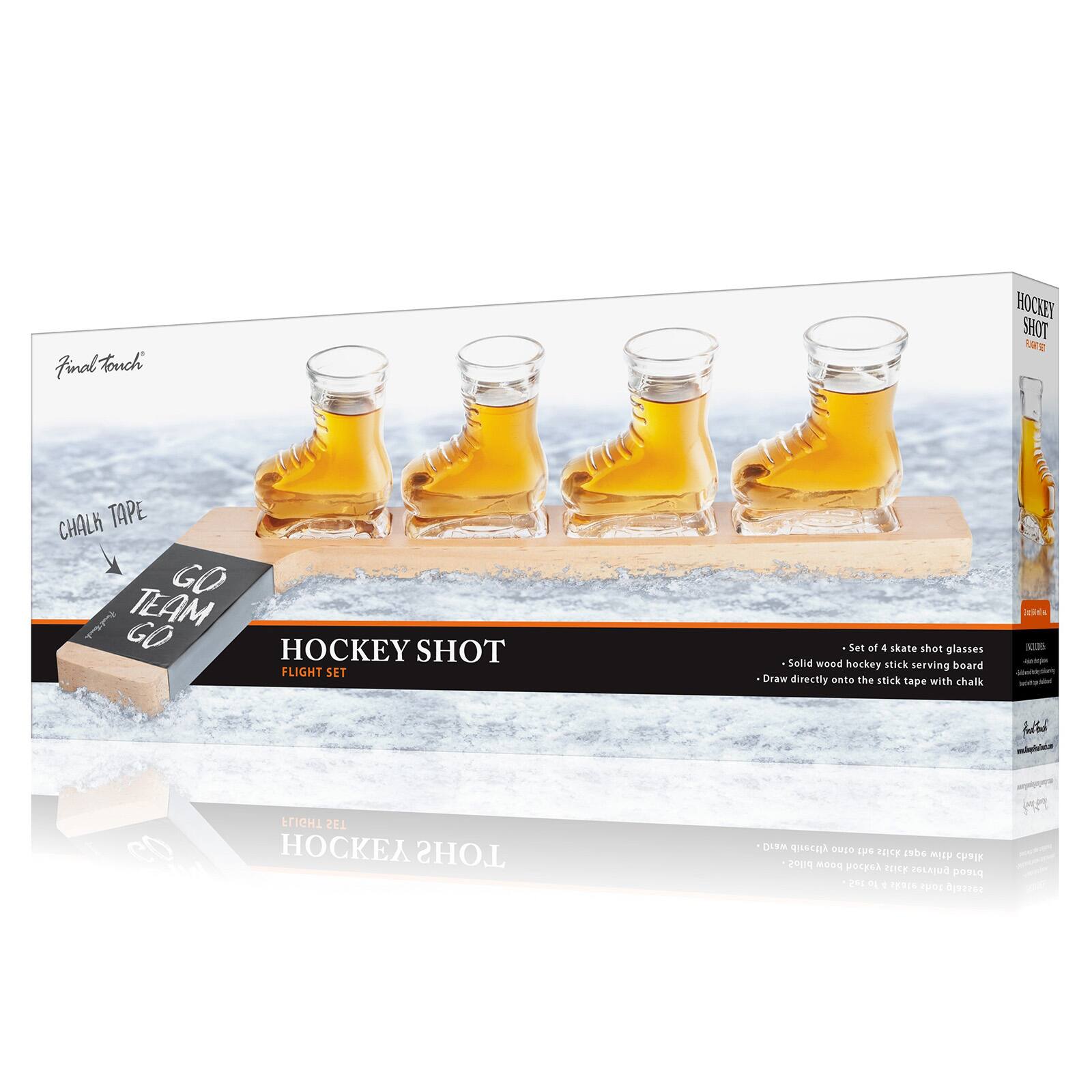 Final Touch: Hockey Shot Flight Set

- Set of 4 skate shot glasses
- Solid wood hockey stick serving board
- Draw directly onto the stick tape with chalk

CHALK TAPE
GO TEAM GO