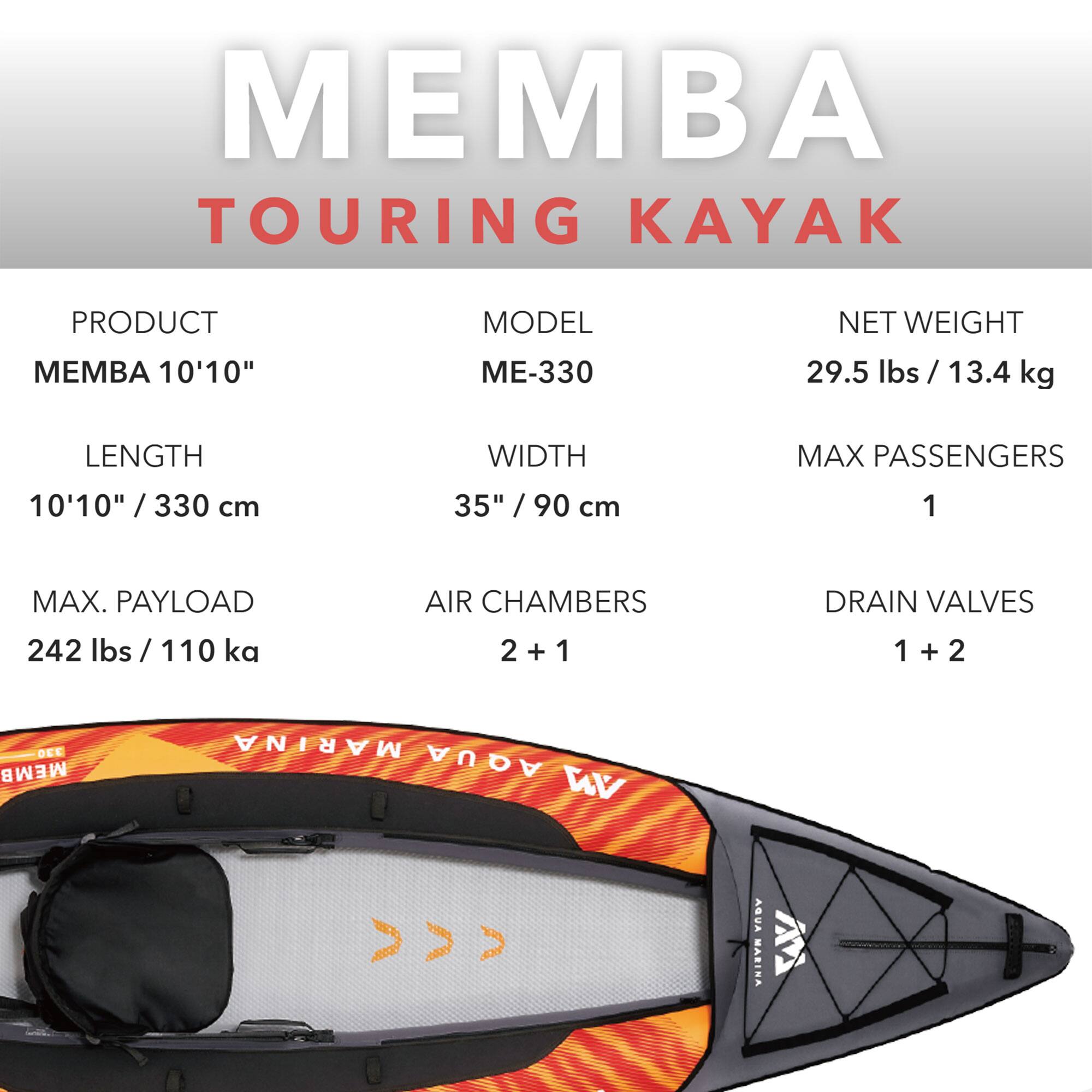 MEMBA TOURING KAYAK

PRODUCT: MEMBA 10'10"
MODEL: ME-330
NET WEIGHT: 29.5 lbs / 13.4 kg

LENGTH: 10'10" / 330 cm
WIDTH: 35" / 90 cm
MAX PASSENGERS: 1

MAX. PAYLOAD: 242 lbs / 110 kg
AIR CHAMBERS: 2 + 1
DRAIN VALVES: 1 + 2