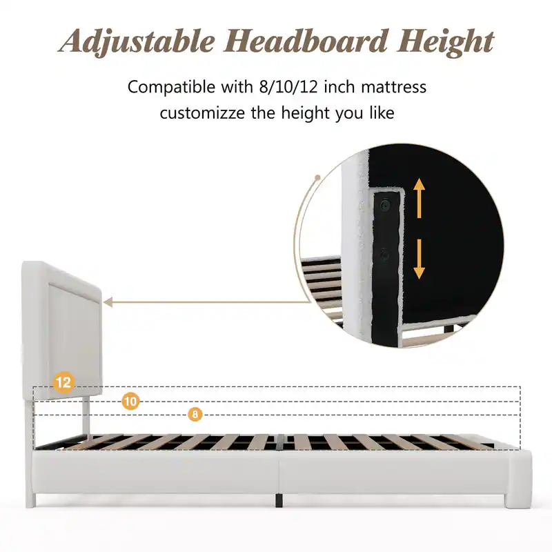 Vipbear F/Q/K Upholstered Bed Frame with Adjustable Headboard (for 8 12 ...