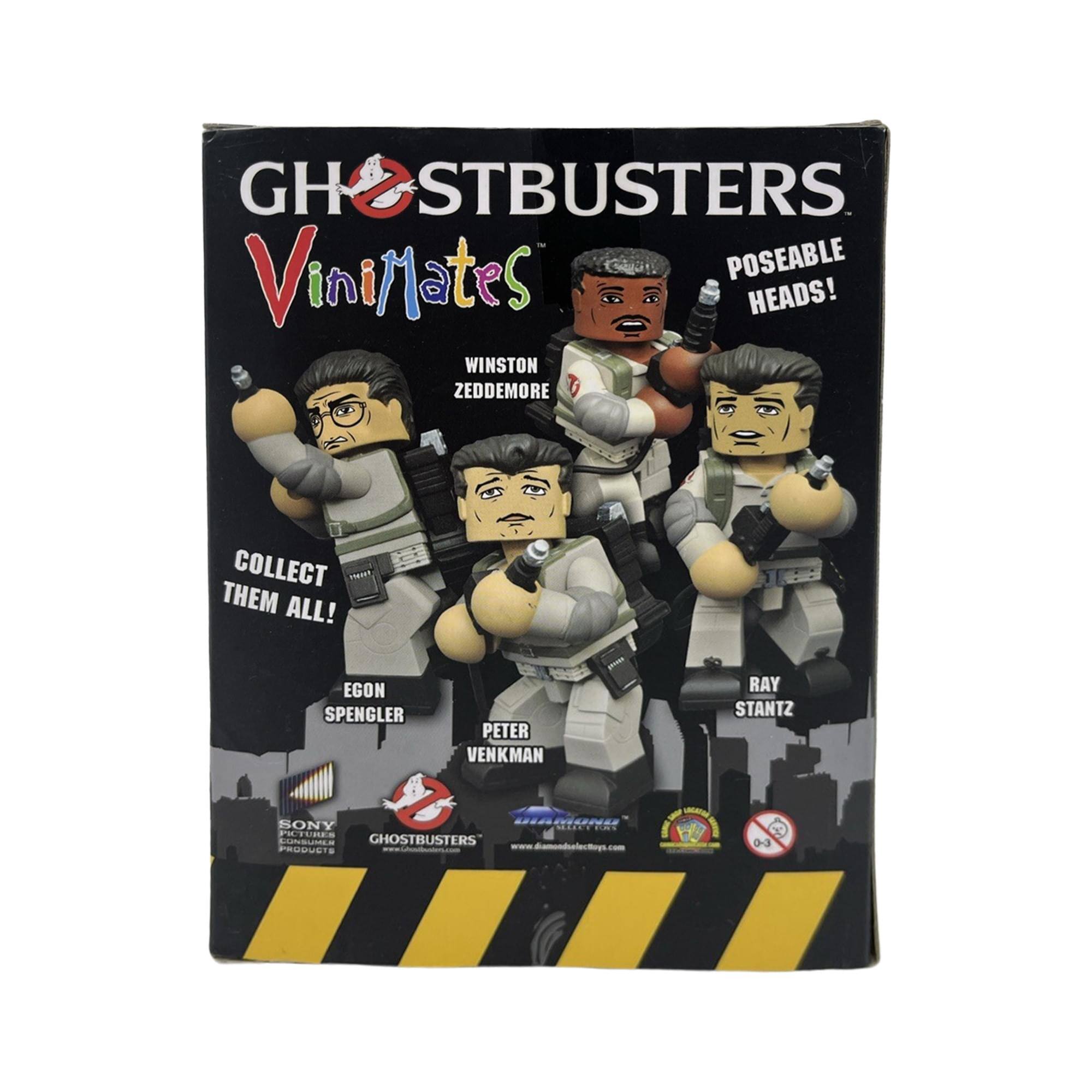 GHOSTBUSTERS ViniMates POSEABLE HEADS! WINSTON ZEDDEMORE COLLECT THEM ALL! EGON SPENGLER PETER VENKMAN RAY STANTZ SONY ANES NIPER PLTURES SUNSUNLS GHOSTBUSTERS PRUMUSTS www.damondalectop.com 0-3