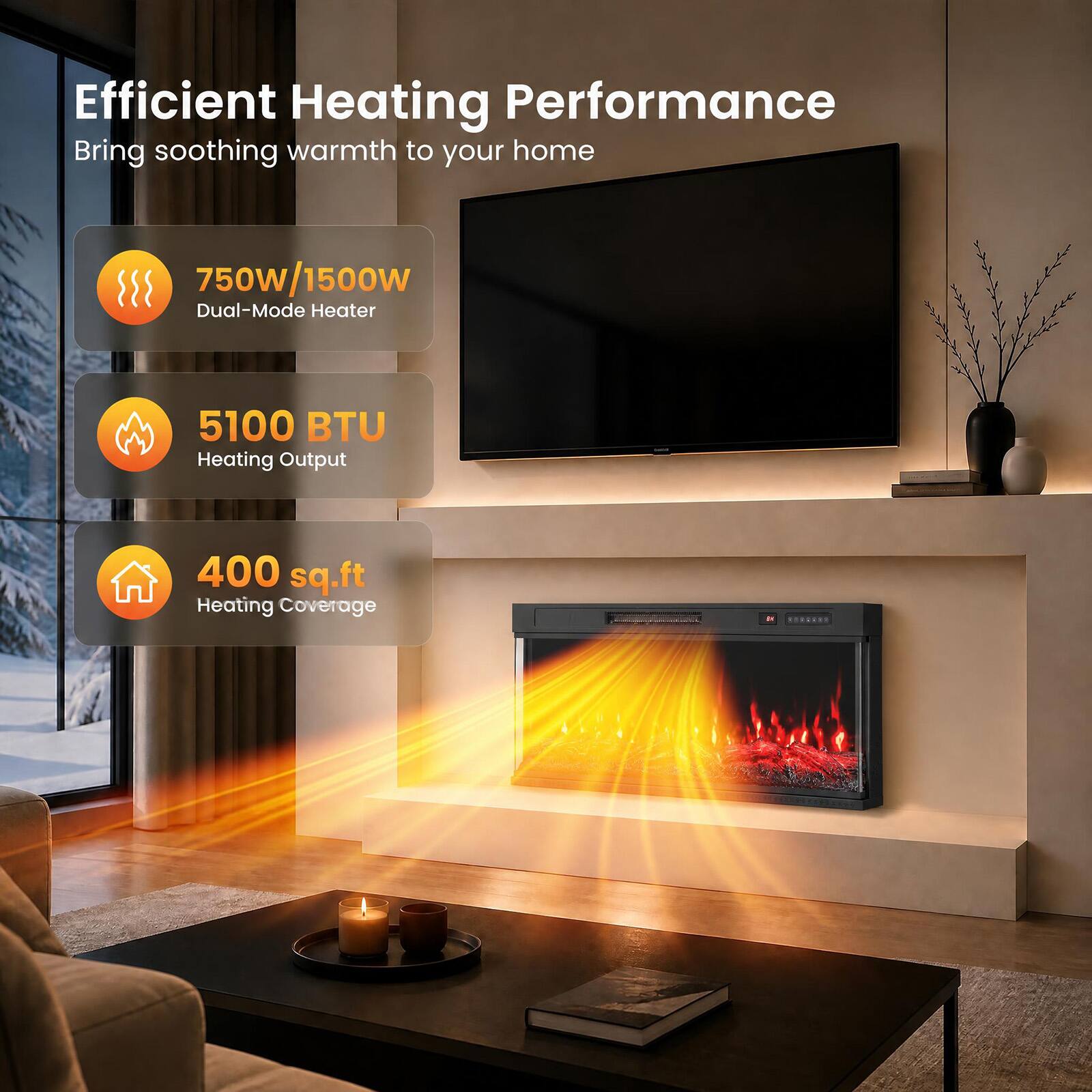Efficient Heating Performance  
Bring soothing warmth to your home

750W/1500W Dual-Mode Heater  
5100 BTU Heating Output  
400 sq.ft Heating Coverage
