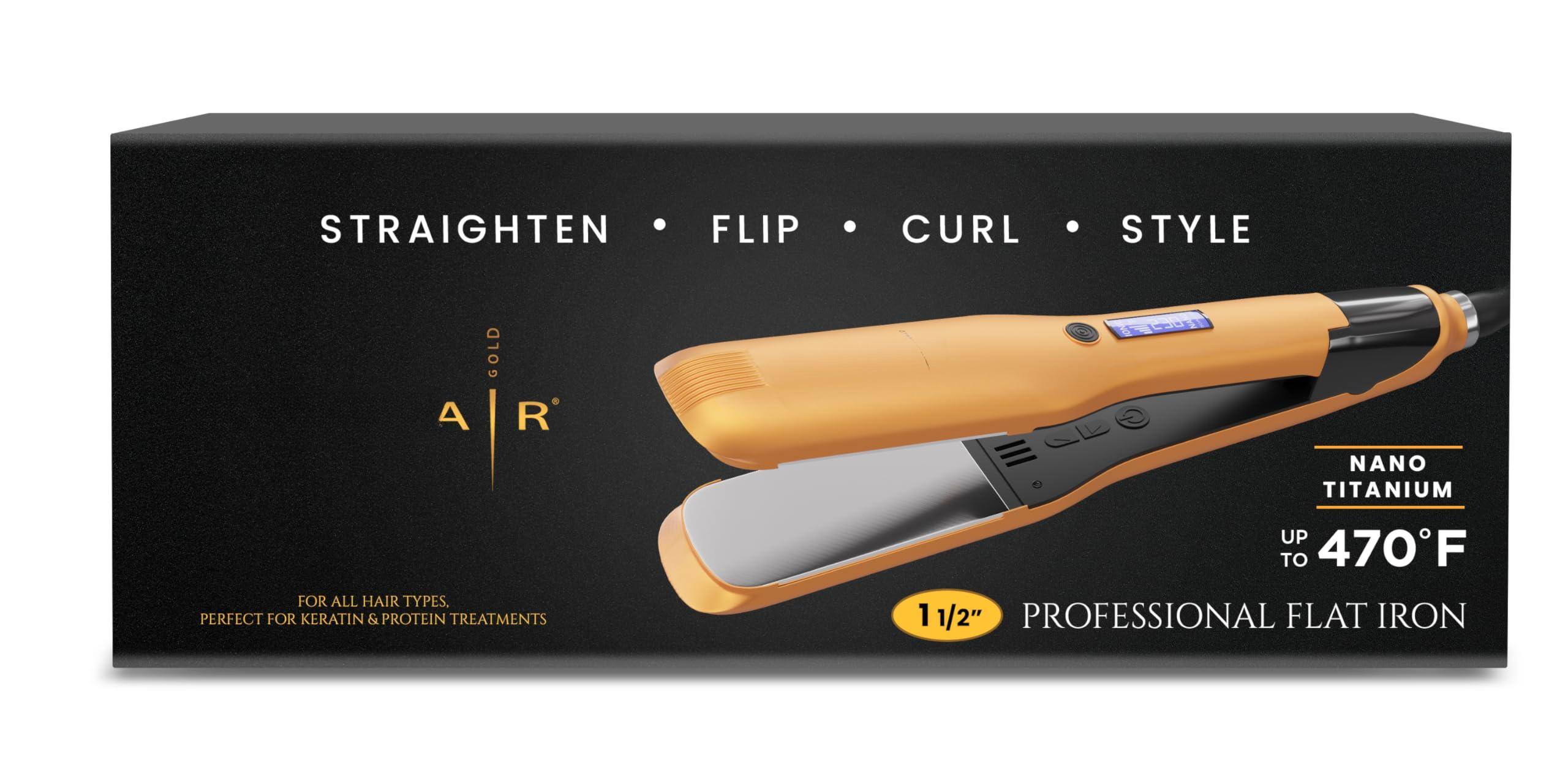 Sure, here is the corrected and grouped text from the image:

---

**STRAIGHTEN • FLIP • CURL • STYLE**

**A R**

**FOR ALL HAIR TYPES. PERFECT FOR KERATIN & PROTEIN TREATMENTS**

**NANO TITANIUM UP TO 470°F**

**1 1/2" PROFESSIONAL FLAT IRON**

---