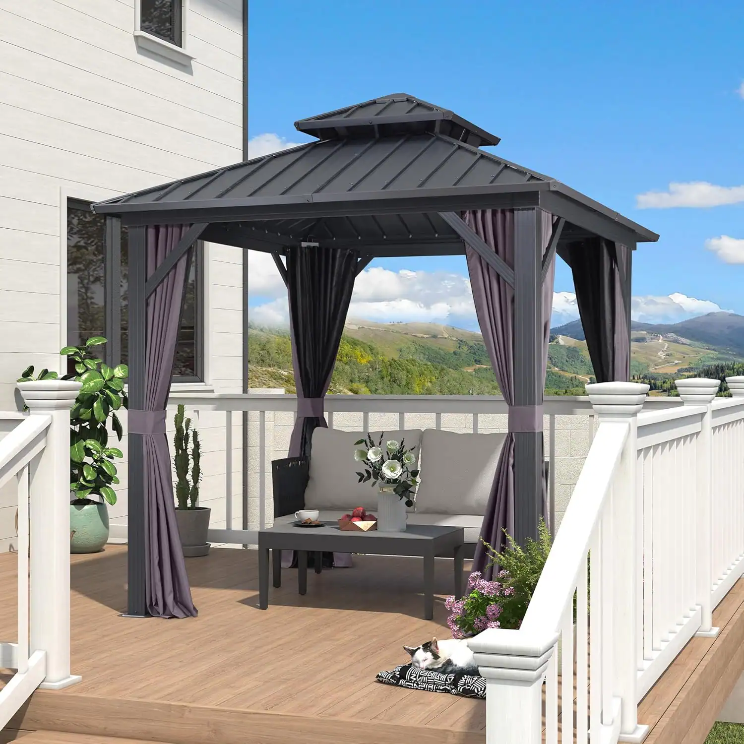 PURPLE LEAF - 8 X 8 FT Outdoor Aluminum Hardtop Gazebo with Galvanized Steel Double Roof for Patio Deck with Netting and Curtains - 8' X 8'