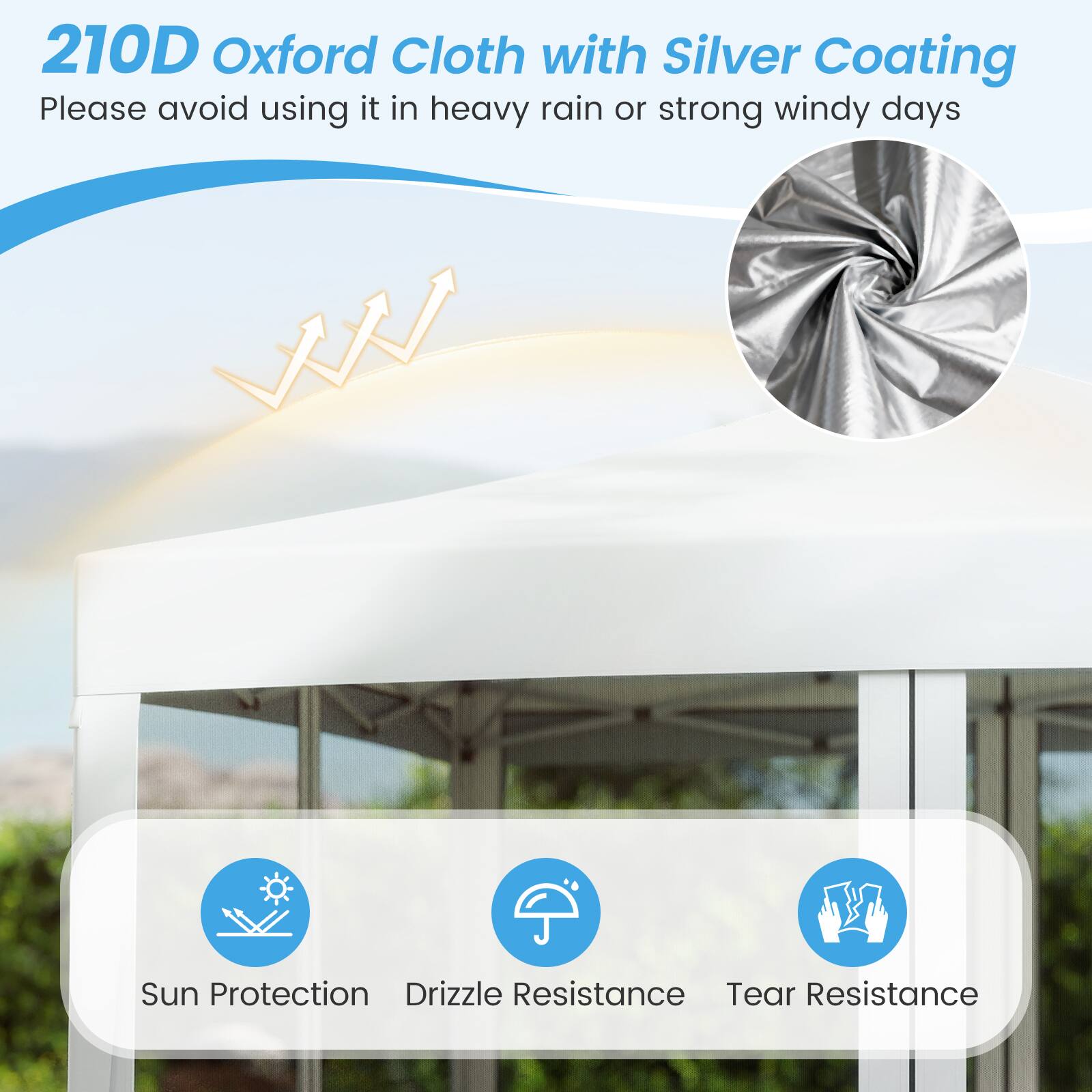210D Oxford Cloth with Silver Coating  
Please avoid using it in heavy rain or strong windy days  

Sun Protection  
Drizzle Resistance  
Tear Resistance