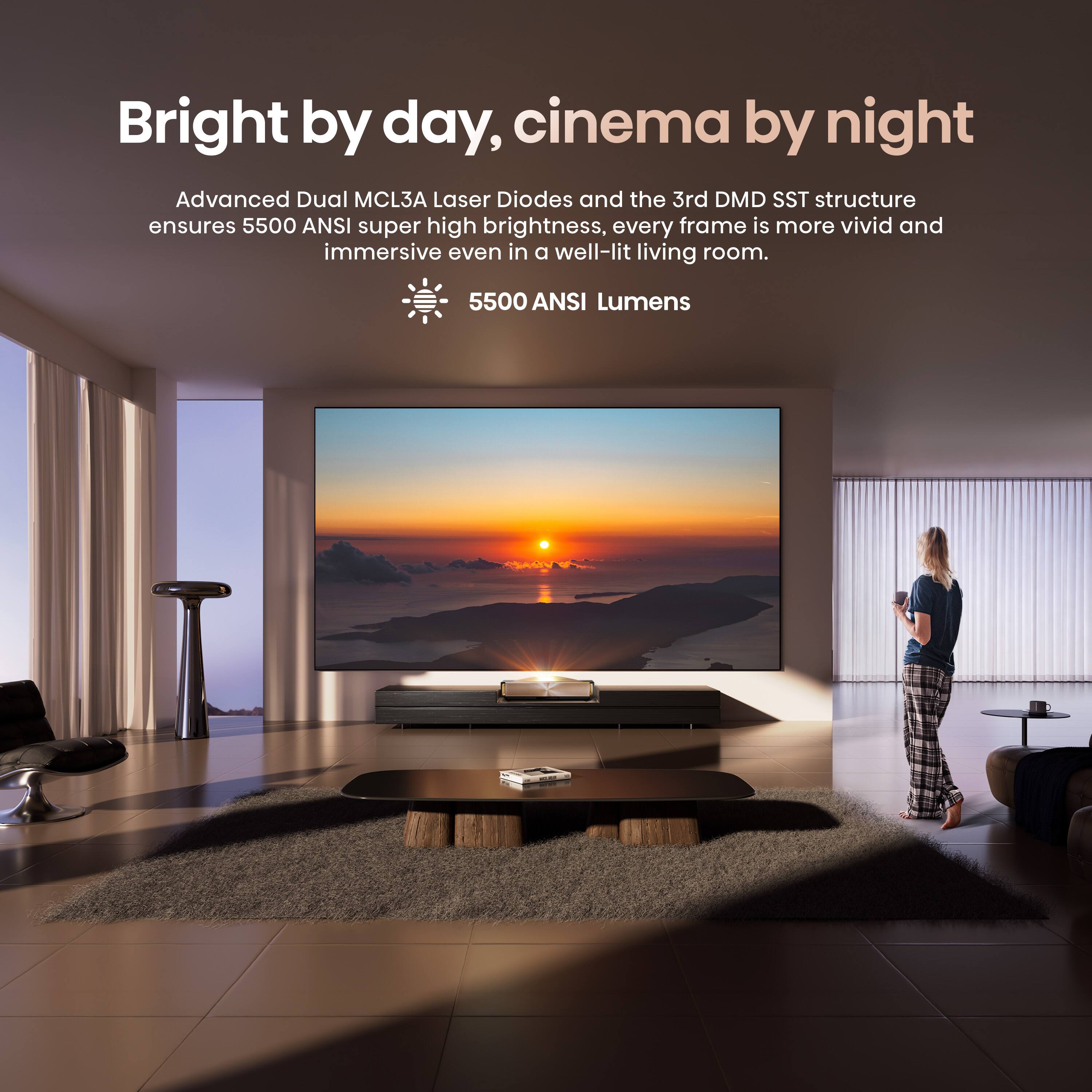 Bright by day, cinema by night

Advanced Dual MCL3A Laser Diodes and the 3rd DMD SST structure ensures 5500 ANSI super high brightness, every frame is more vivid and immersive even in a well-lit living room.

5500 ANSI Lumens