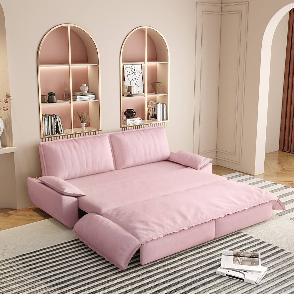 Left. JUJABU - 73.2" Queen Pull Out Sofa Bed, 3-in-1 Convertible Sleeper Sofa, Pink Velvet Loveseat Bed - Pink.