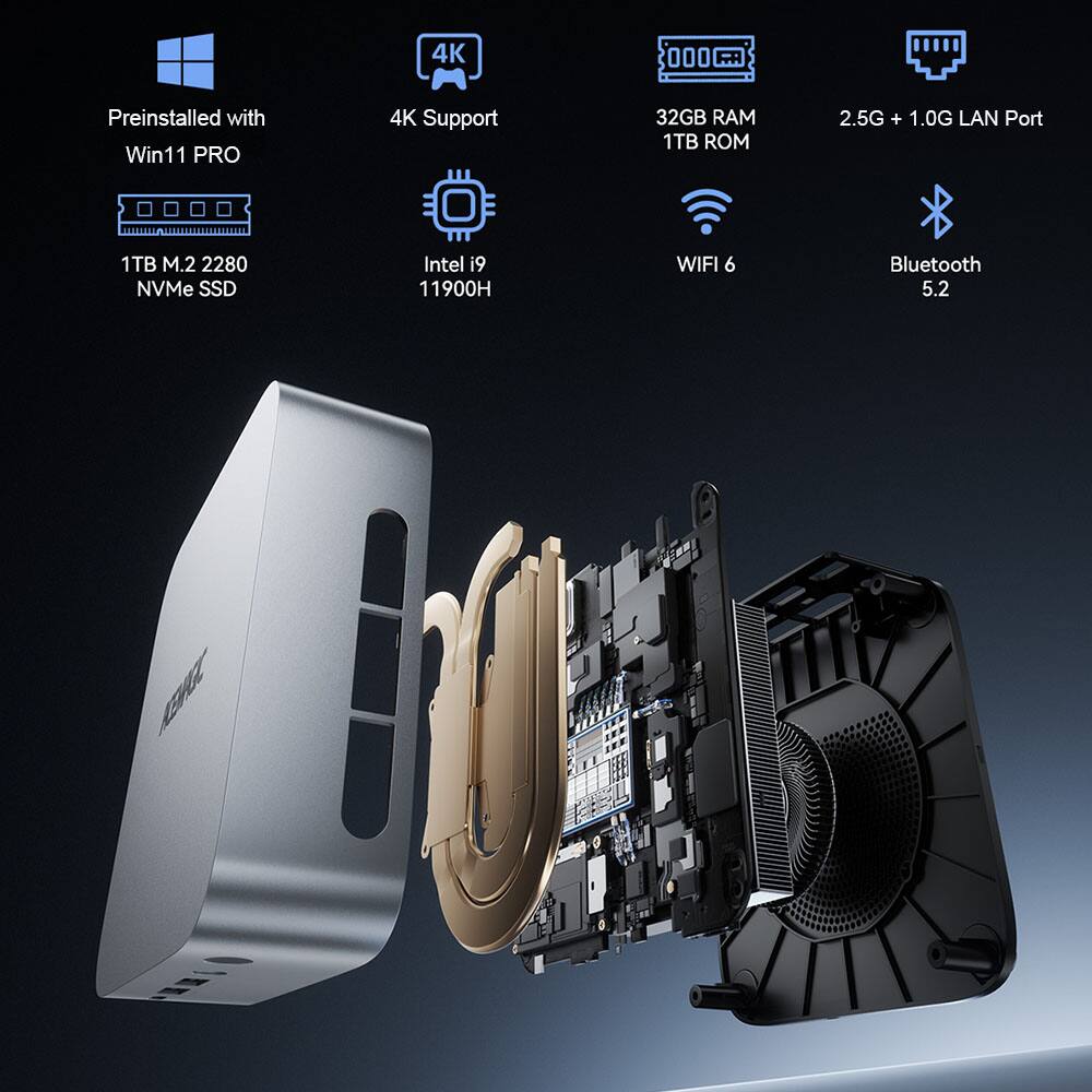 Preinstalled with Win11 PRO  
4K Support  
32GB RAM  
1TB ROM  
2.5G + 1.0G LAN Port  
1TB M.2 2280 NVMe SSD  
Intel i9 11900H  
WIFI 6  
Bluetooth 5.2