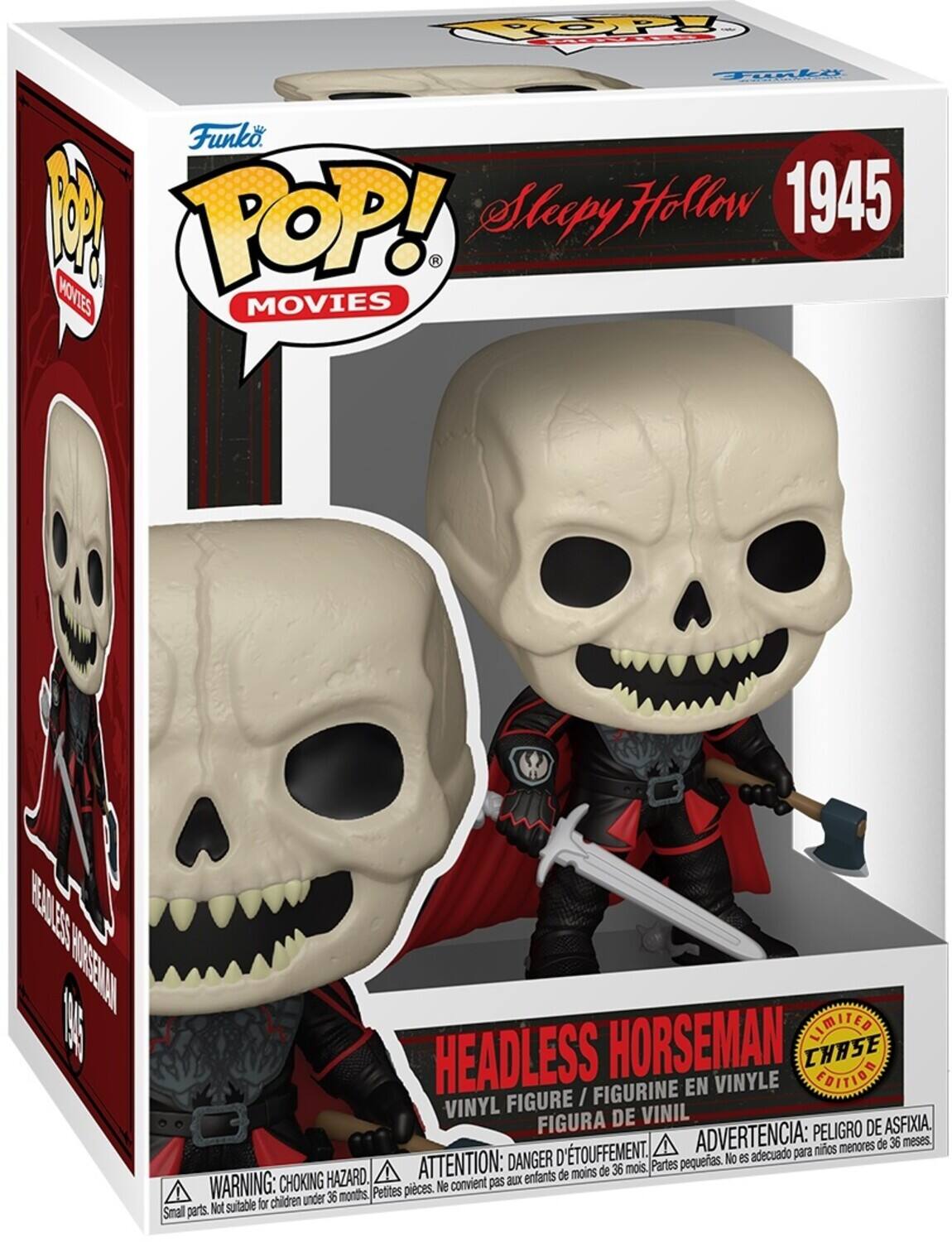 Sure, here is the corrected and grouped text from the image:

---

**Top Left:**
- Funko POP! Movies

**Top Center:**
- Sleepy Hollow 1945

**Top Right:**
- 1945

**Center:**
- Headless Horseman
- Limited Chase Edition

**Bottom Left:**
- Headless Horseman 1945

**Bottom Center:**
- Vinyl Figure / Figurine en Vinyle / Figura de Vinil

**Bottom Right:**
- Warning: Choking Hazard. Small parts. Not suitable for children under 36 months.
- Attention: Danger d'étouffement. Petites pièces. Ne convient pas aux enfants de moins de 36 mois.
- Advertencia: Peligro de asfixia. Piezas pequeñas. No es adecuado para niños menores de 36 meses.

**Bottom Center (Sticker):**
- Limited Chase Edition

---