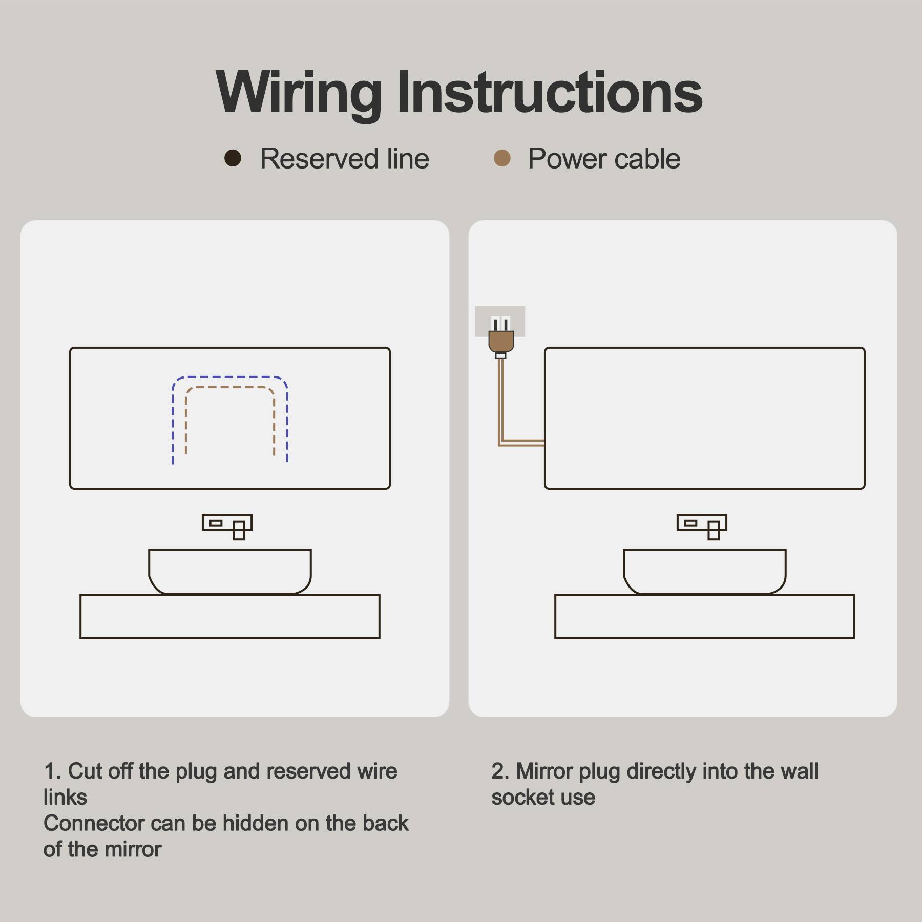 Wiring Instructions

- Reserved line
- Power cable

1. Cut off the plug and reserved wire links  
   Connector can be hidden on the back of the mirror

2. Mirror plug directly into the wall socket use