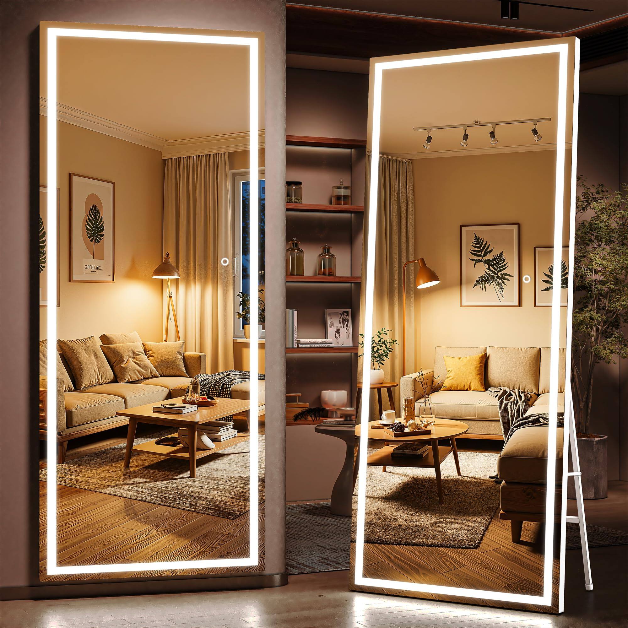Earthley Blooms - Full Length Mirror With Lights 56" X 16" Led Lighted Floor Standing Tempered Glass Square 【Upgraded Glass】: - White-81"L x 34"W
