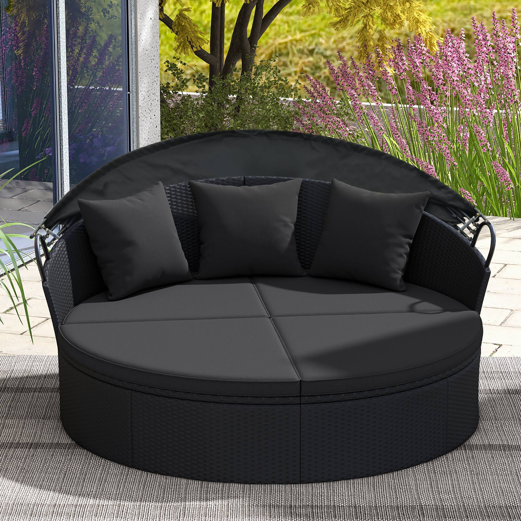 Alt View 3. Gymax - Gymax Patio Round Daybed Wicker Daybed w/ Retractable Canopy Separated Seating Sectional Sofa Black - Black.
