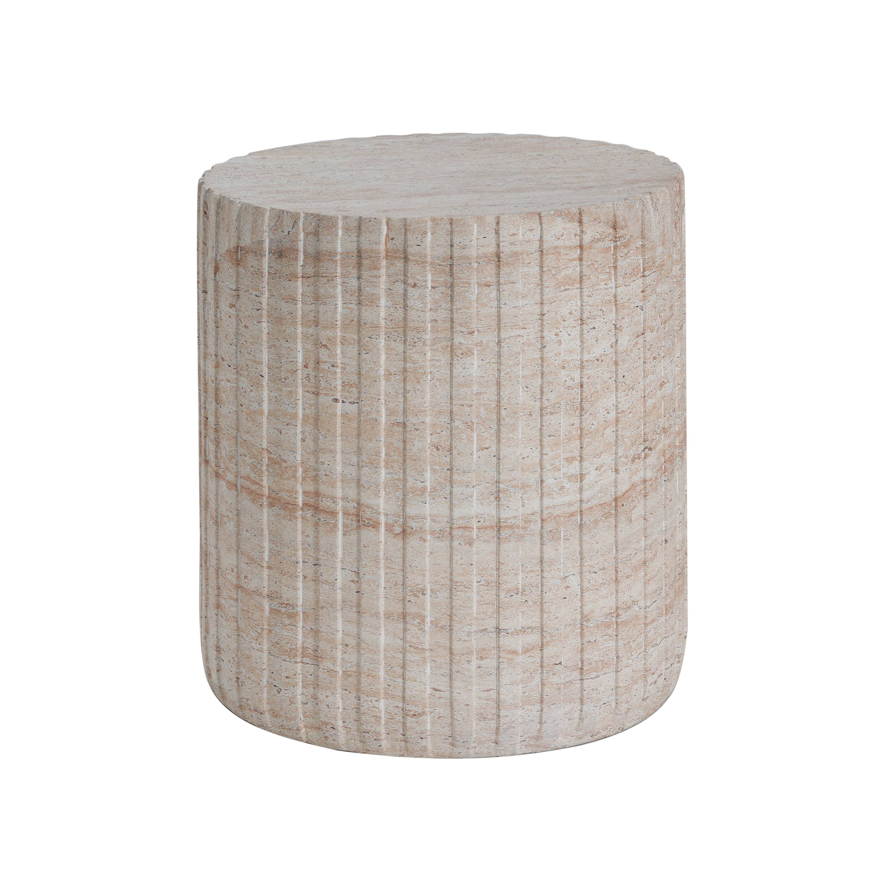 Left. Whisen - Lightweight Concrete Outdoor and Indoor Patio Side Table, Travertine Finish Round Accent - Beige.