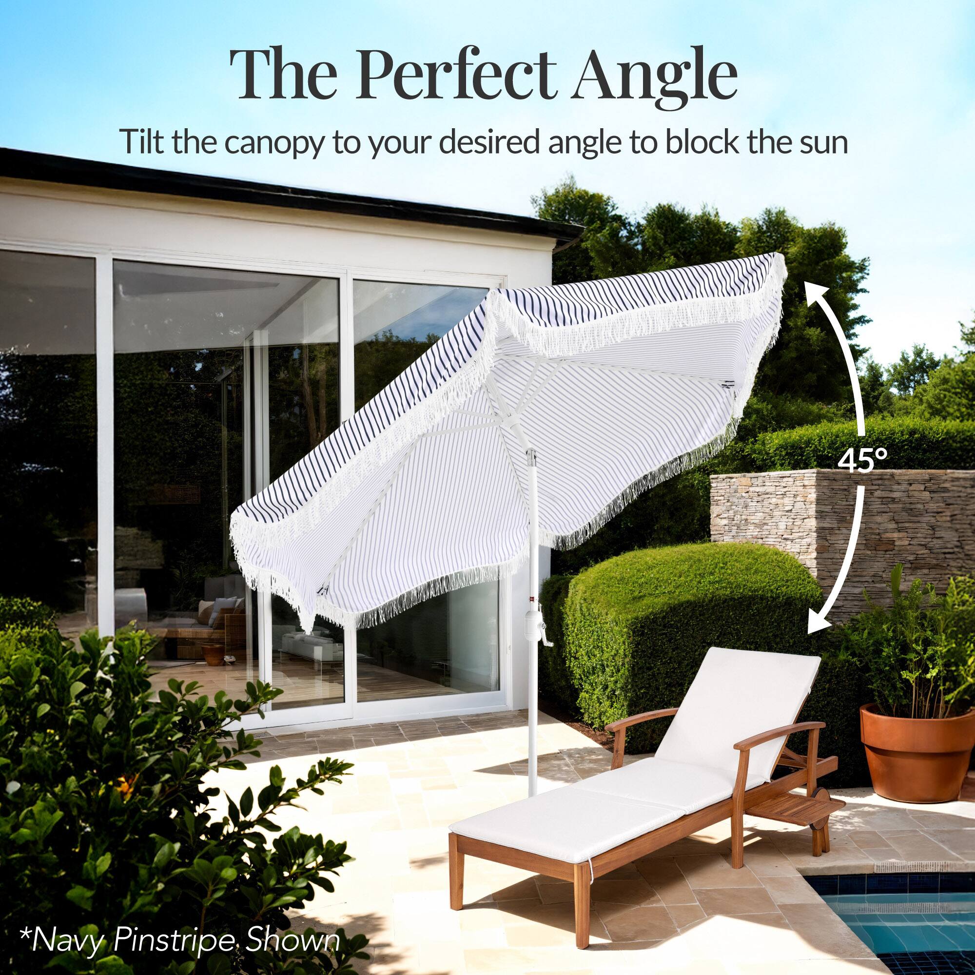 The Perfect Angle  
Tilt the canopy to your desired angle to block the sun  

*Navy Pinstripe Shown