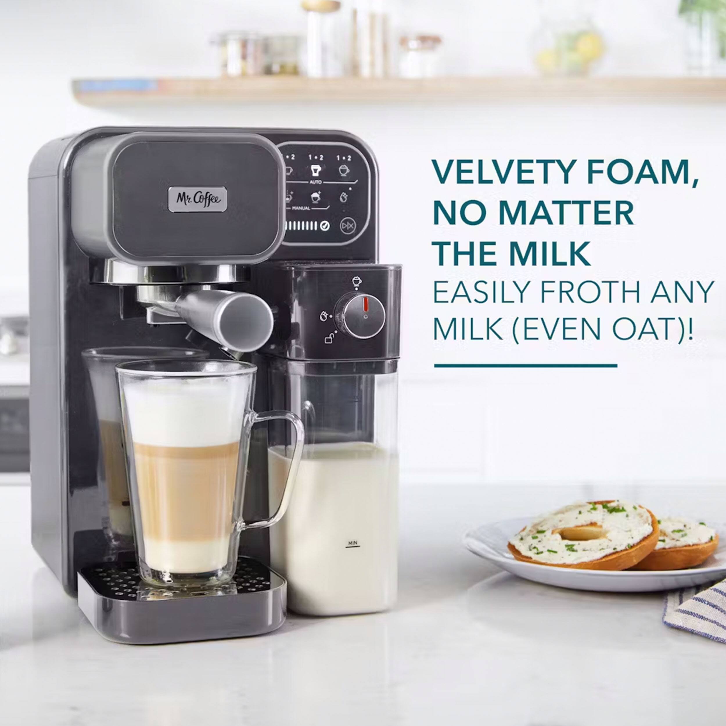 Mr Coffee +2 1 - 2 4 stun RANAL 12 - 2 >X I VELVETY FOAM, NO MATTER THE MILK EASILY FROTH ANY MILK (EVEN OAT)!