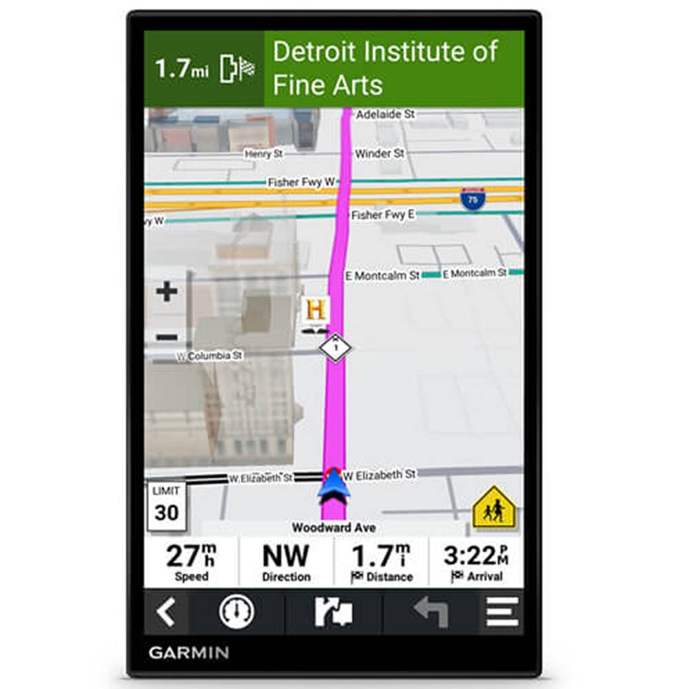 1.7mi Detroit Institute of Fine Arts Adelaide St Henry St Winder St W Fisher Fwy W Fisher Fwy E 75 + H E Montcalm St E Montcalm St W Columbia St 1 W Elizabeth St W LIMIT 30 Woodward Ave 27m NW 1.7mi 3:22PM Speed Direction Distance Arrival GARMIN
