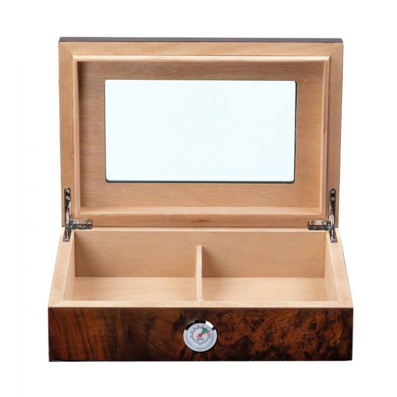 Left. Prestige - Stanford Cigar Humidor - High Gloss Walnut Burl Finish.