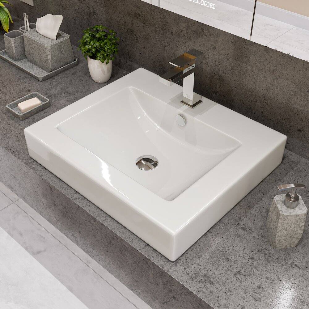Angle. Alfi - White 24" Rectangular Semi Recessed Ceramic Sink with Faucet Hole - White.