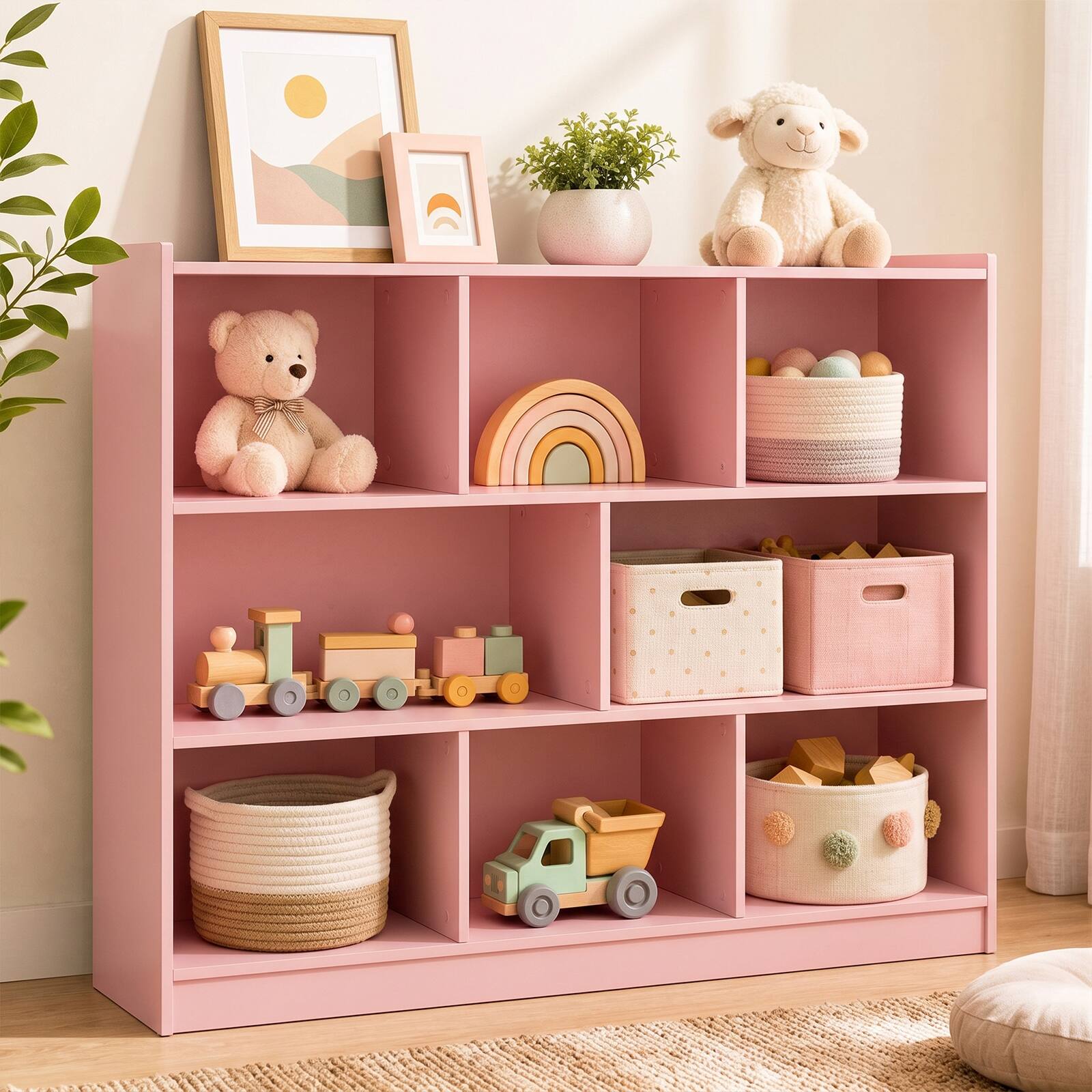 Alt View 1. Costway - Costway 8 Cube 3-Tier Open Wooden Bookshelf Toy Storage Organizer with Anti-toppling Kits - Pink.