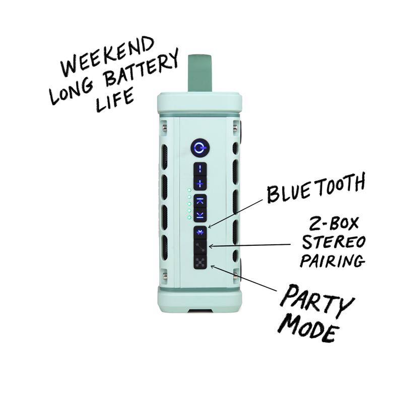 WEEKEND LONG BATTERY LIFE  
BLUE TOOTH  
2-BOX STEREO PAIRING  
PARTY MODE