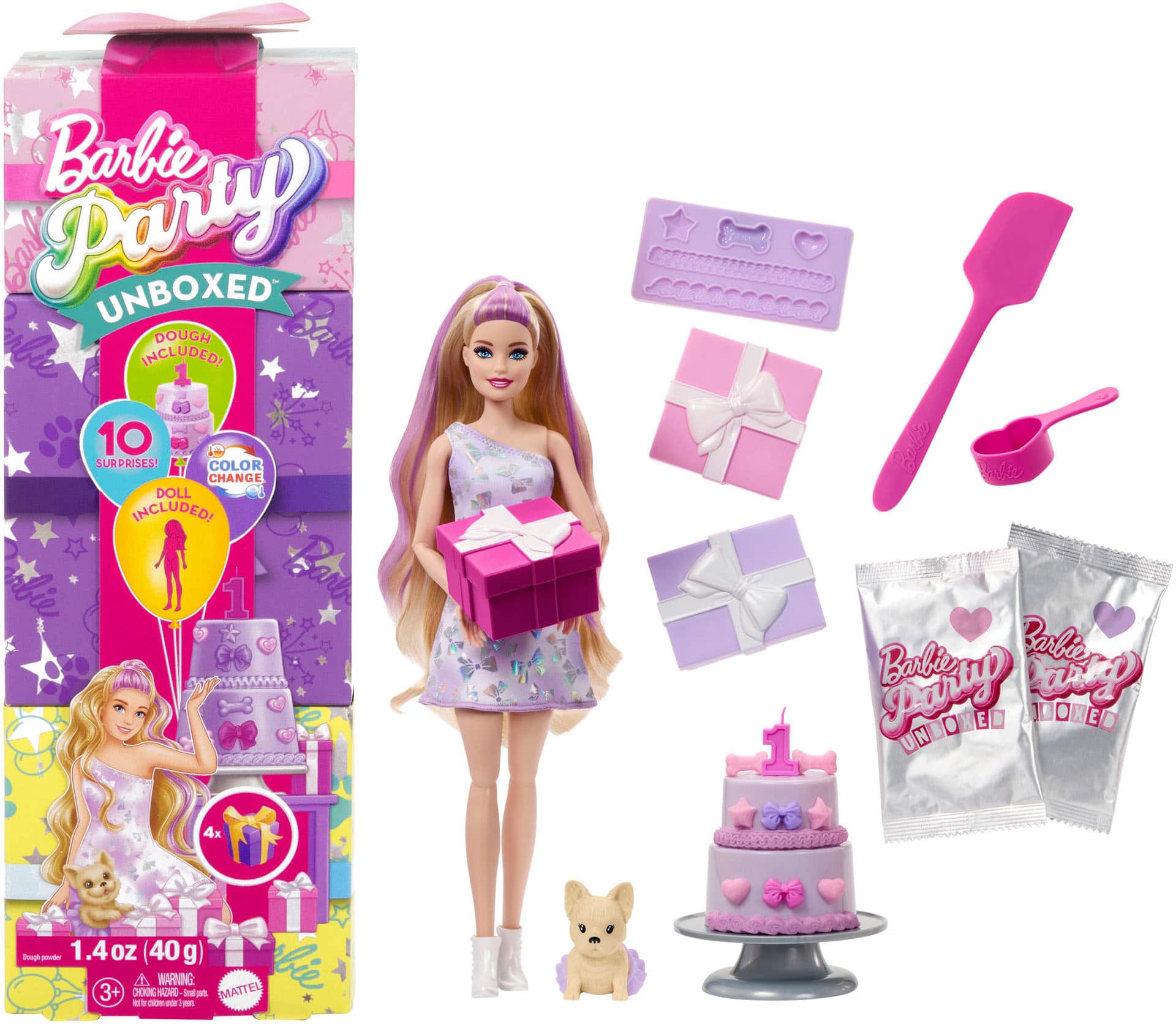 Barbie Party Unboxed Dough Included! 10 Surprises! Color Change Doll Included! 1.4 oz (40g)
