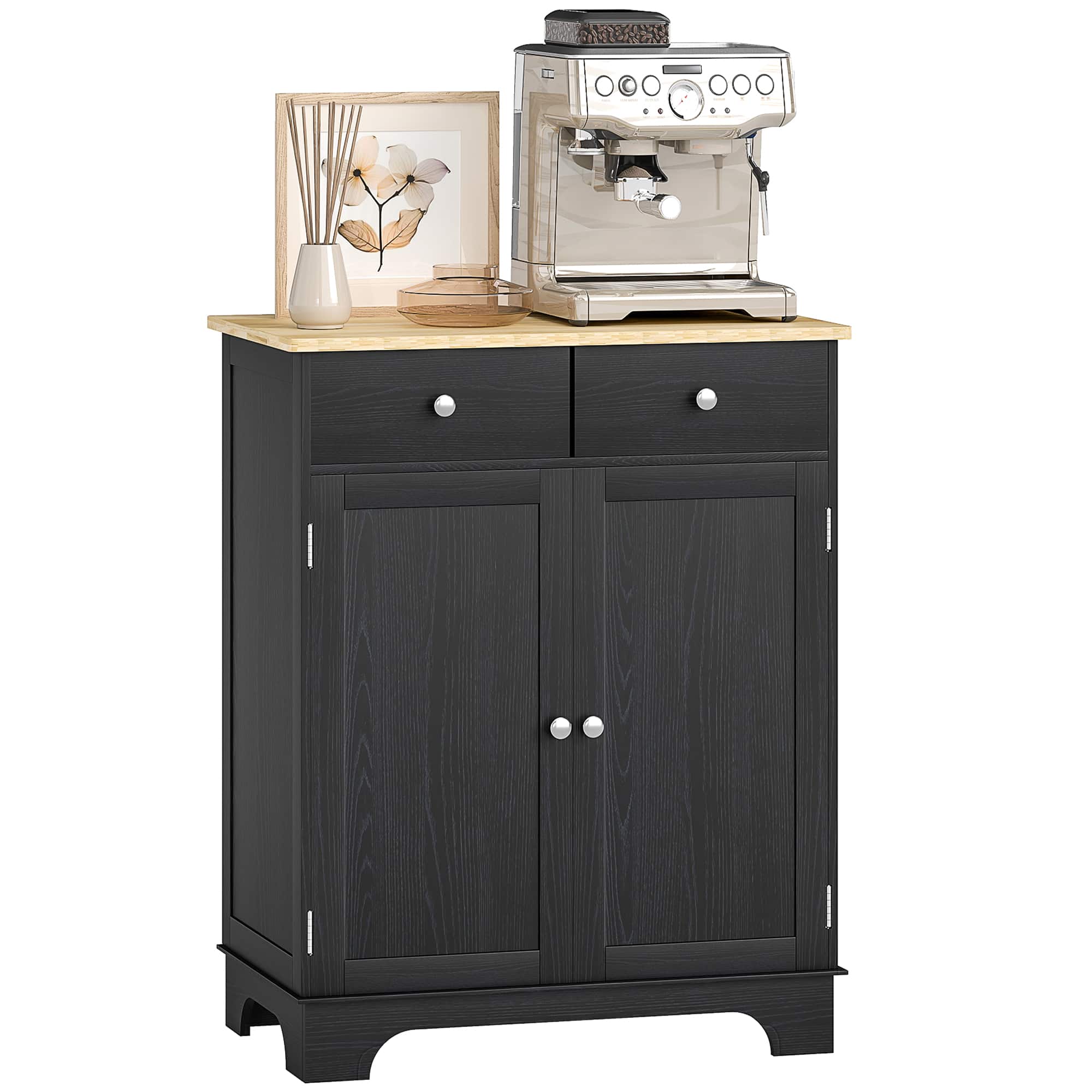 Homcom - Storage Cabinet, Sideboard Floor Cupboard with Solid Wood Top, Adjustable Shelf, and 2 Drawers - Distressed Black