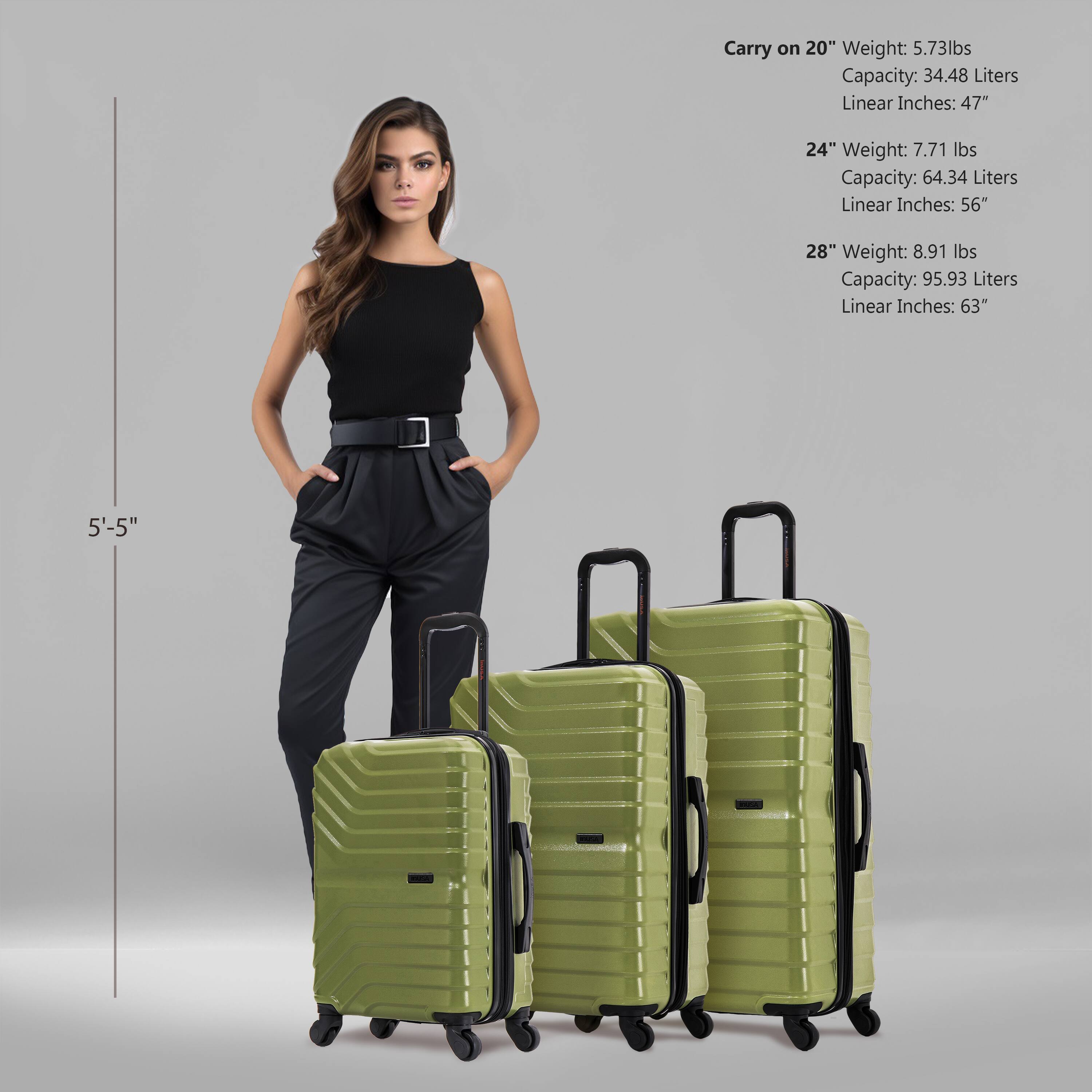 Sure, here is the corrected and grouped text:

- Carry on 20"  
  Weight: 5.73 lbs  
  Capacity: 34.48 Liters  
  Linear Inches: 47"

- 24"  
  Weight: 7.71 lbs  
  Capacity: 64.34 Liters  
  Linear Inches: 56"

- 28"  
  Weight: 8.91 lbs  
  Capacity: 95.93 Liters  
  Linear Inches: 63"

- 5'-5"