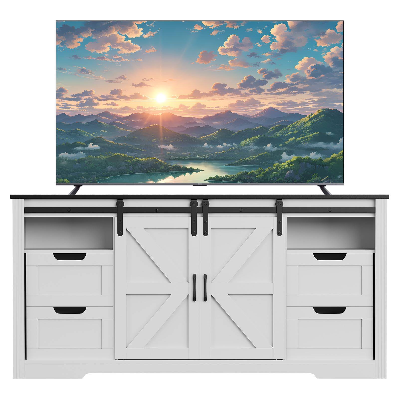 Alt View 2. GAOMON - GAOMON 66" Farmhouse TV Stand for 70" TVs, Entertainment Center with Sliding Barn Door, 4 Drawers & Adjustable Shelves - White.