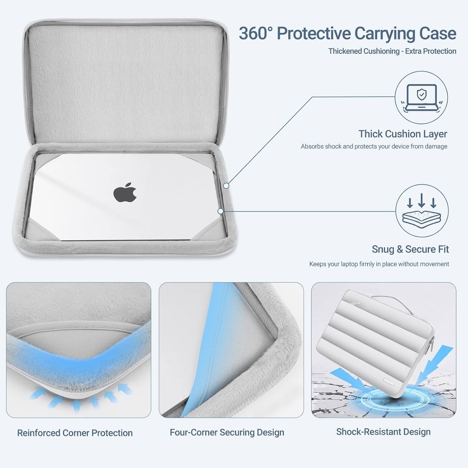 360° Protective Carrying Case  
Thickened Cushioning - Extra Protection

- Thick Cushion Layer  
  Absorbs shock and protects your device from damage

- Snug & Secure Fit  
  Keeps your laptop firmly in place without movement

- Reinforced Corner Protection

- Four-Corner Securing Design

- Shock-Resistant Design