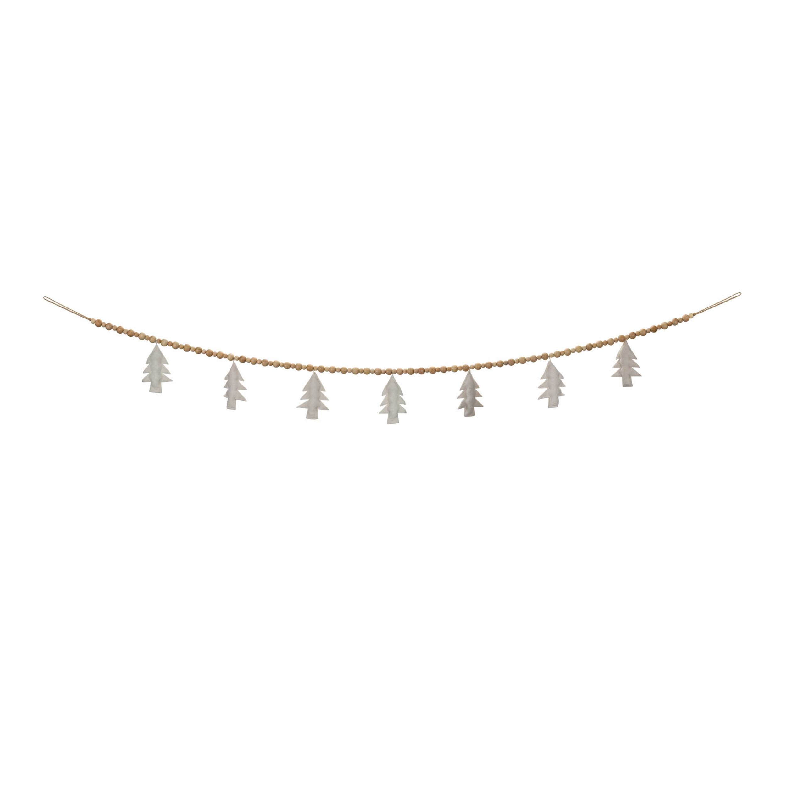 Angle. BreeBe - Wood Beaded Wool Tree Garland (Set of 2) - White, Brown.