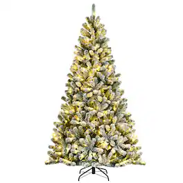 Costway - 7ft Pre-lit Snow Flocked Hinged Christmas Tree w/1116 Tips & Metal Stand - Green/White