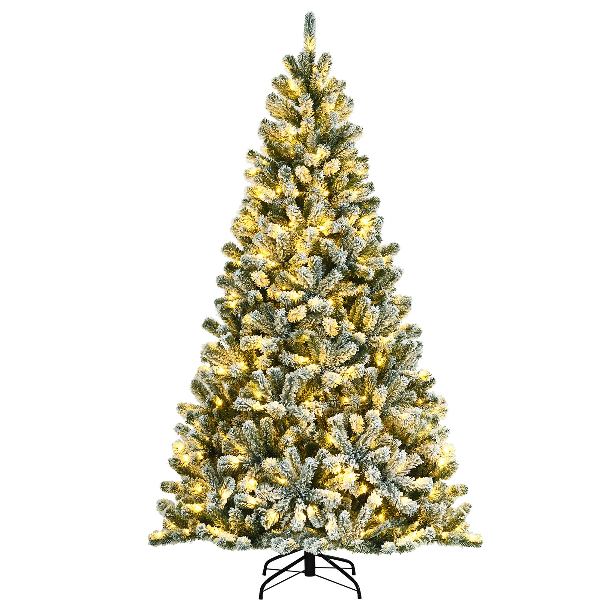 Costway - 7ft Pre-lit Snow Flocked Hinged Christmas Tree w/1116 Tips & Metal Stand - Green/White