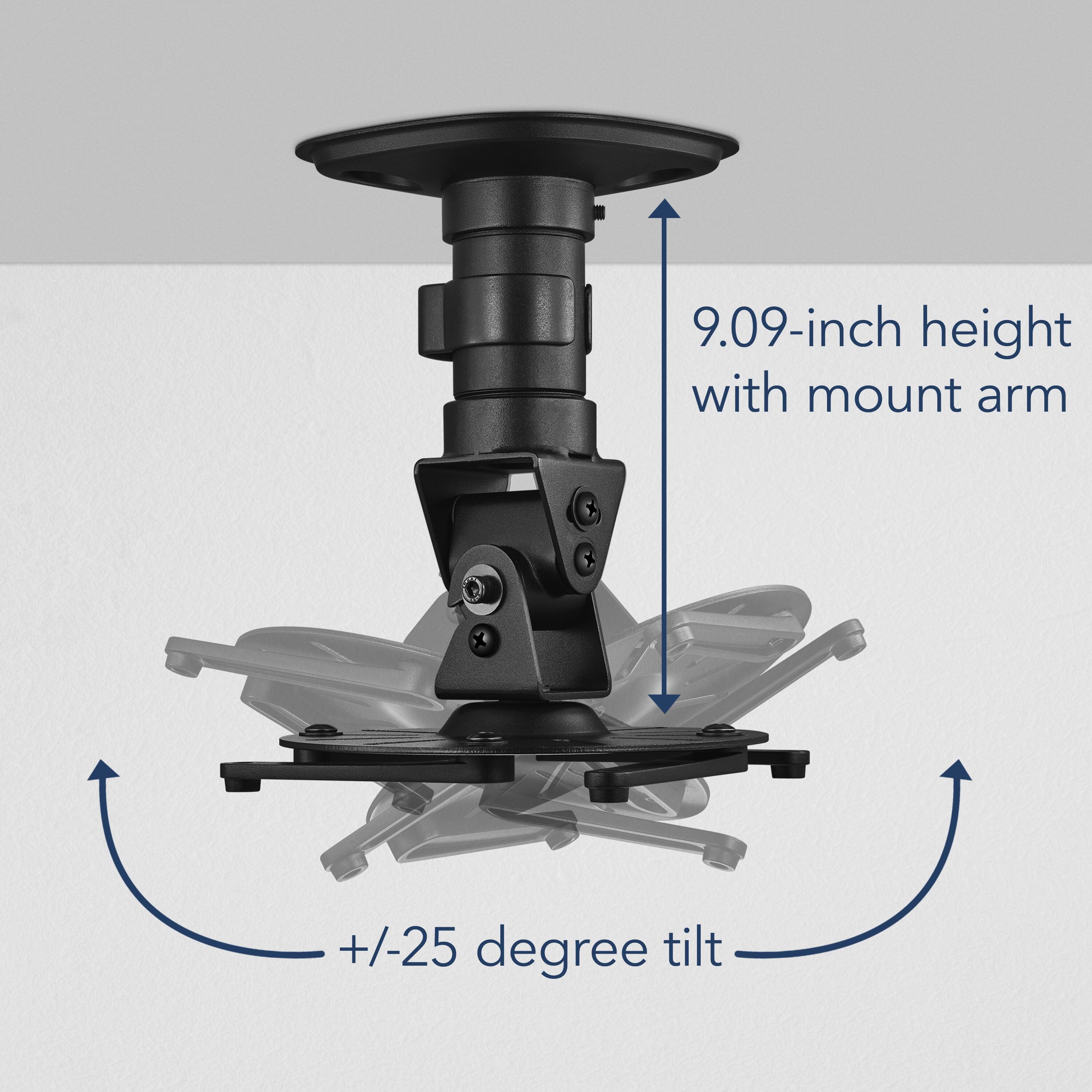 The image shows a close-up view of a black camera mounting device, which is designed to attach a camera to a tripod. The device has a 9.09-inch height with a mount arm and allows for a tilt of +/- 25 degrees. The mounting device is intended to provide stability and control for the camera, ensuring that it remains in the desired position during use.