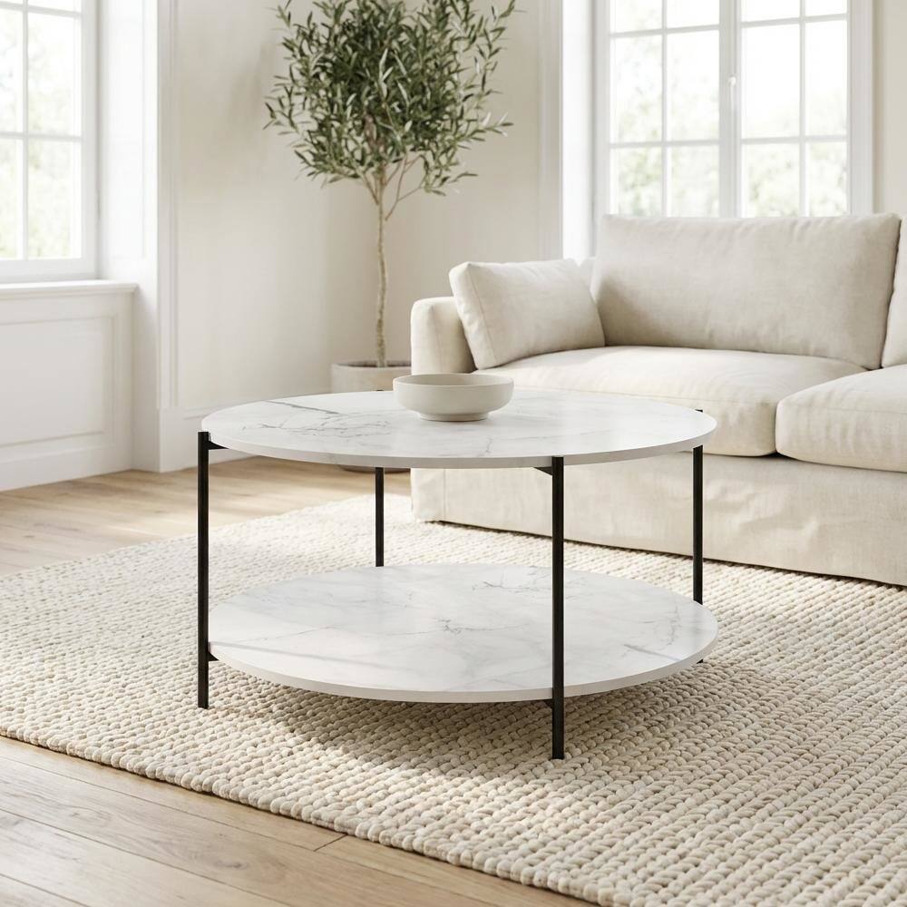 Left. FurniFact - Light Marble 2-Tier Round Coffee Table with Storage Shelf and Metal Legs - Light Marble, Black.
